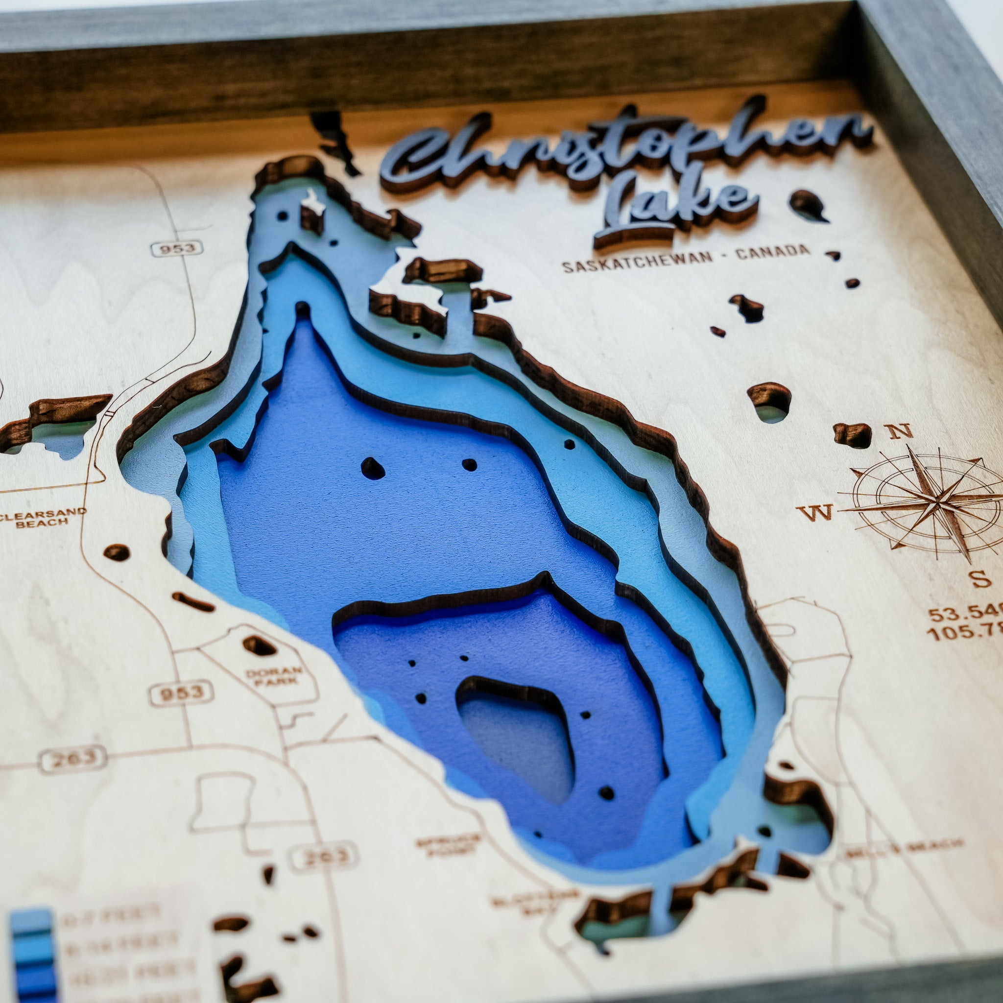 Christopher Lake Map • Bathymetric Layered Wood Depth Map • For Lake Lovers