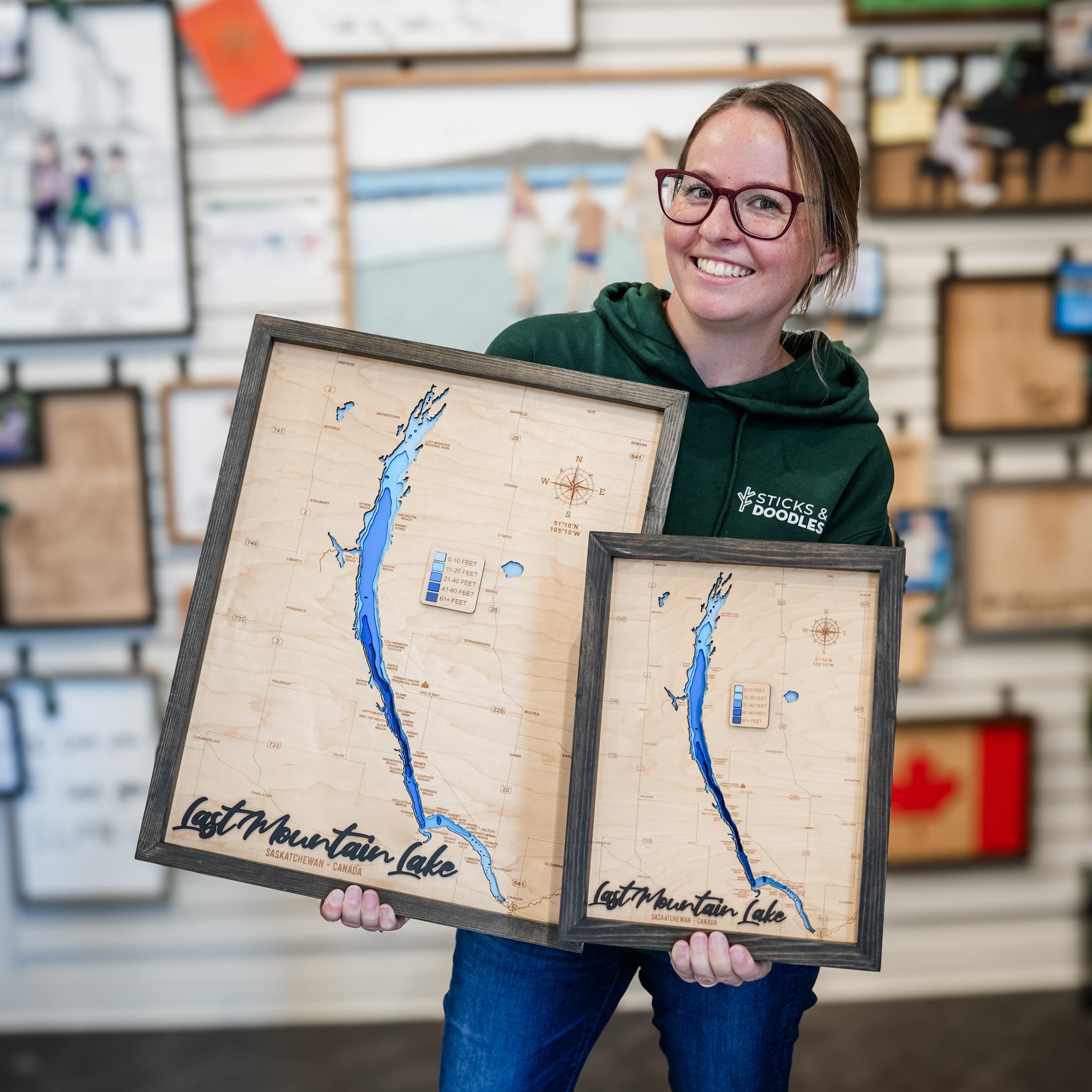 Last Mountain Lake Map • Bathymetric Layered Wood Depth Map of Long Lake • For Lake Lovers