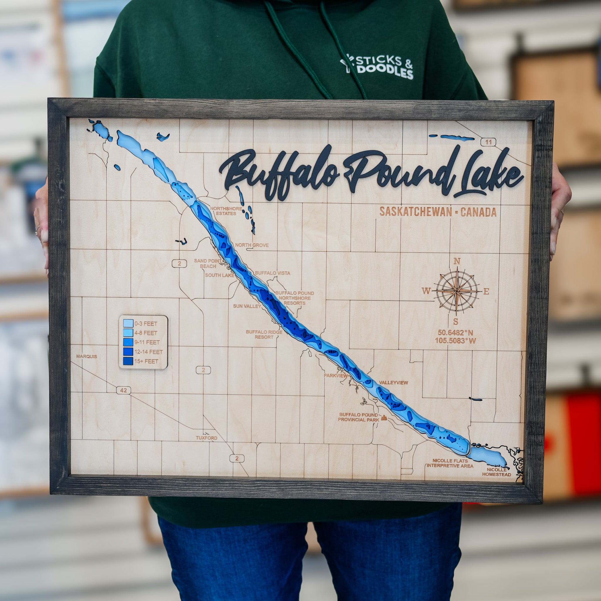 Buffalo Pound Lake Map • Bathymetric Layered Wood Depth Map • For Lake Lovers