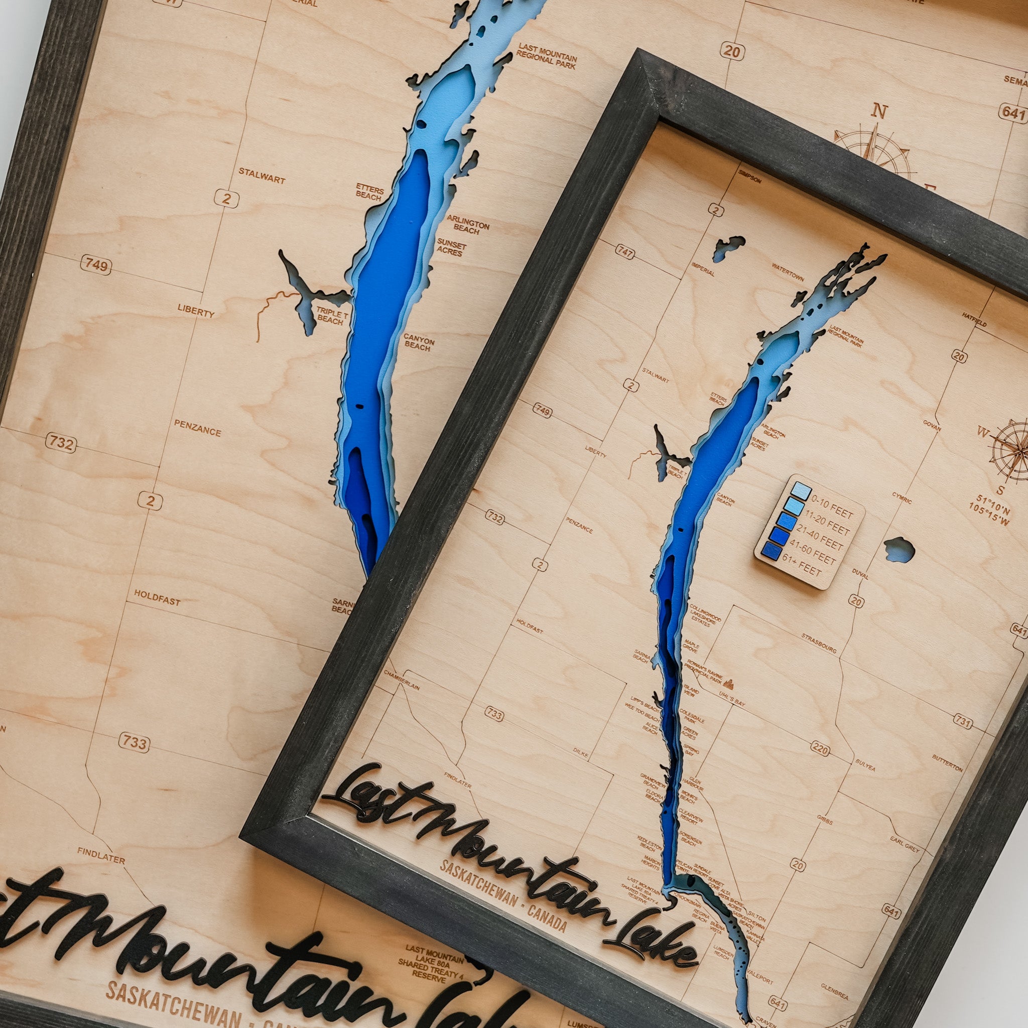 Last Mountain Lake Map • Bathymetric Layered Wood Depth Map of Long Lake • For Lake Lovers