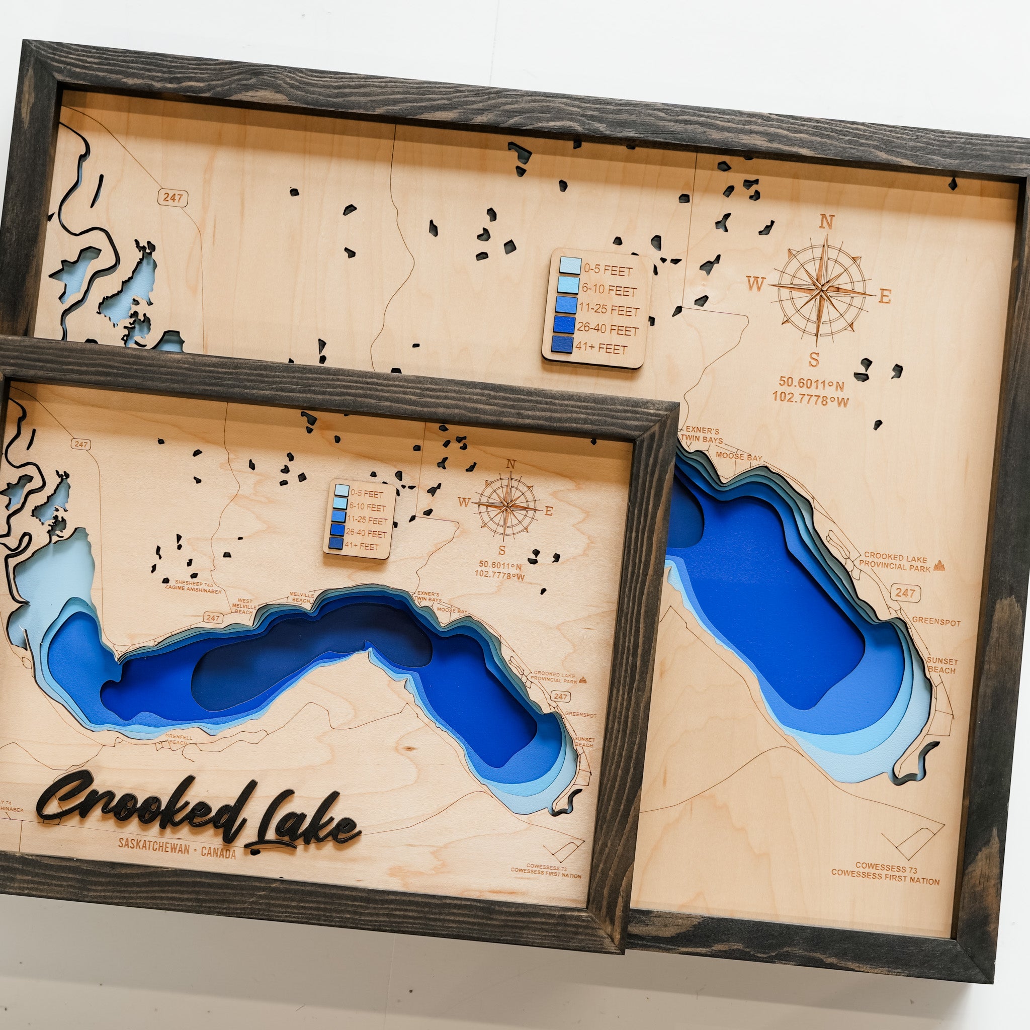 Crooked Lake Map • Bathymetric Layered Wood Depth Map • For Lake Lovers