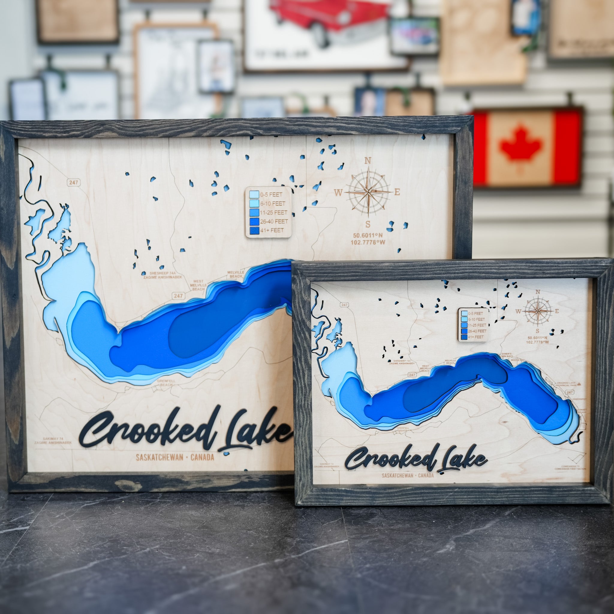Crooked Lake Map • Bathymetric Layered Wood Depth Map • For Lake Lovers
