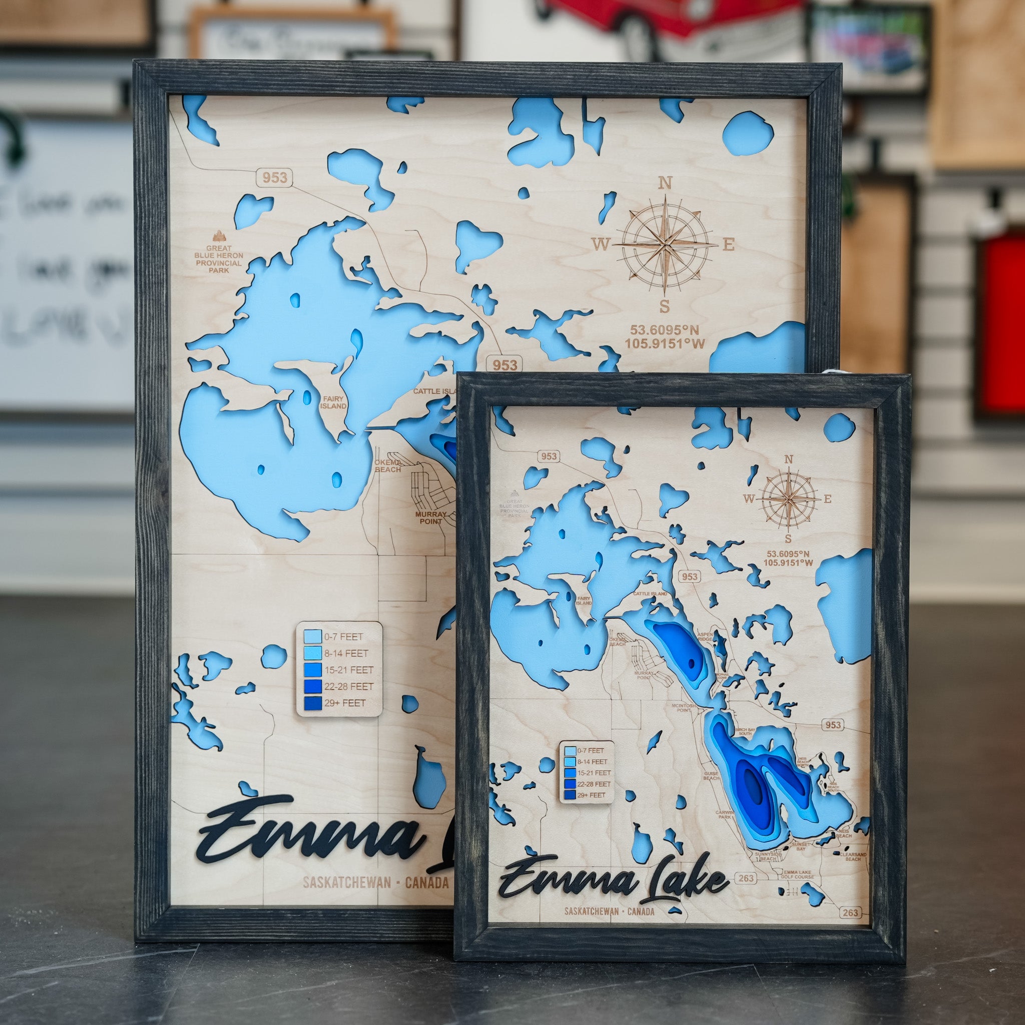 Emma Lake Map • Bathymetric Layered Wood Depth Map • For Lake Lovers