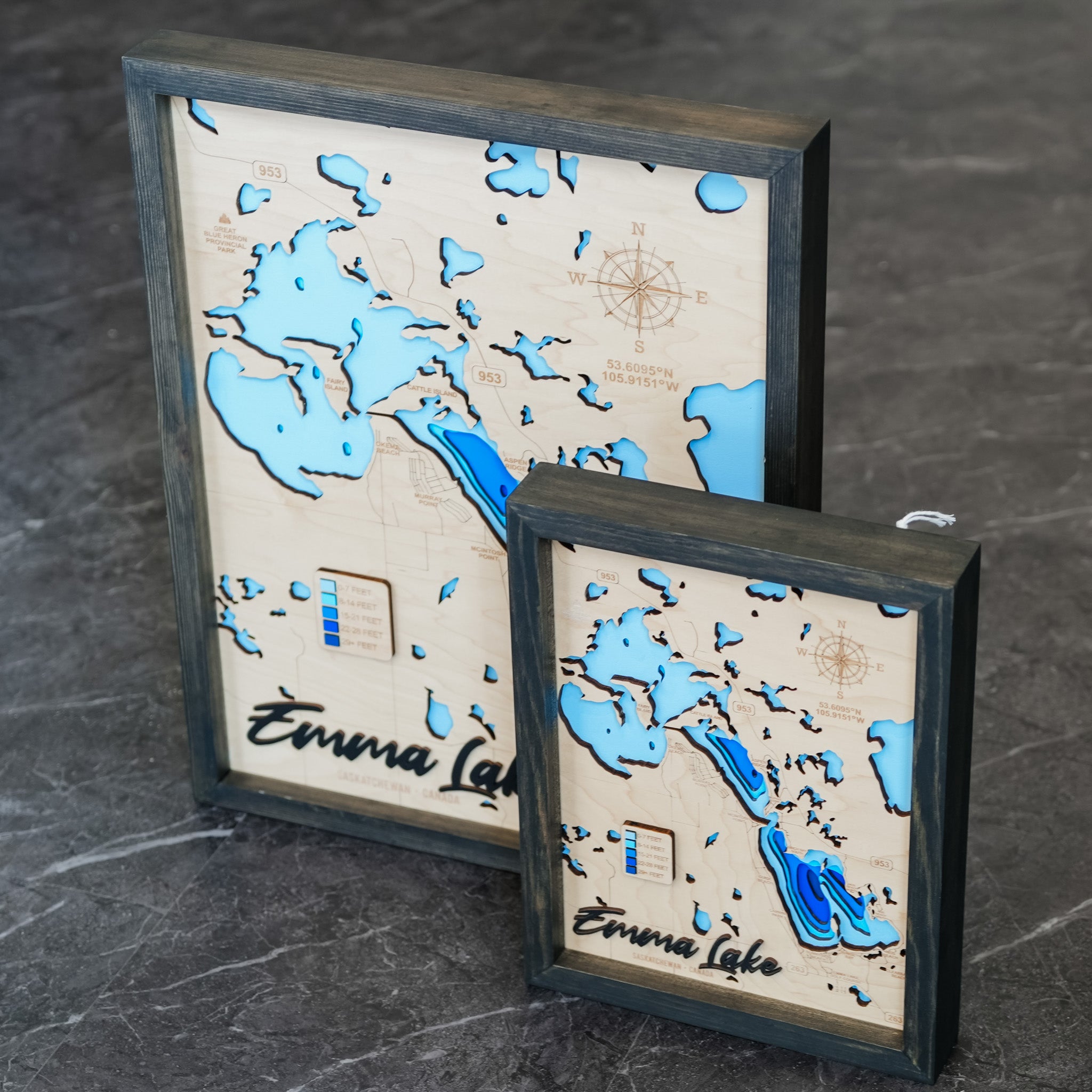 Emma Lake Map • Bathymetric Layered Wood Depth Map • For Lake Lovers