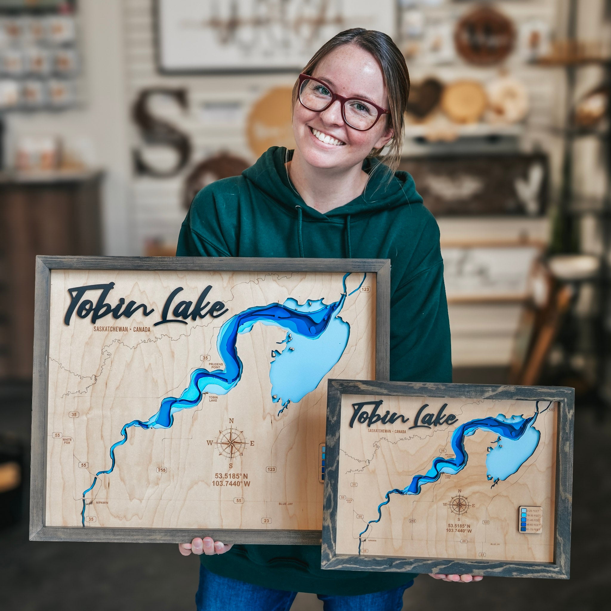 Tobin Lake Map • Bathymetric Layered Wood Depth Map • For Lake Lovers