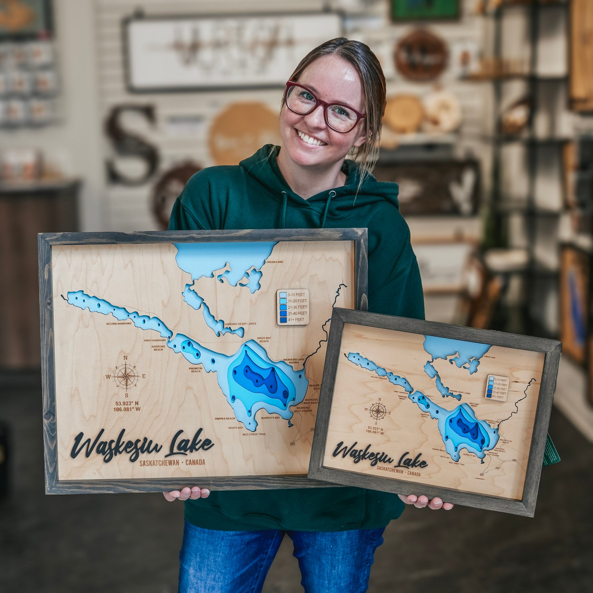 Waskesiu Lake Map • Bathymetric Layered Wood Depth Map • For Lake Lovers
