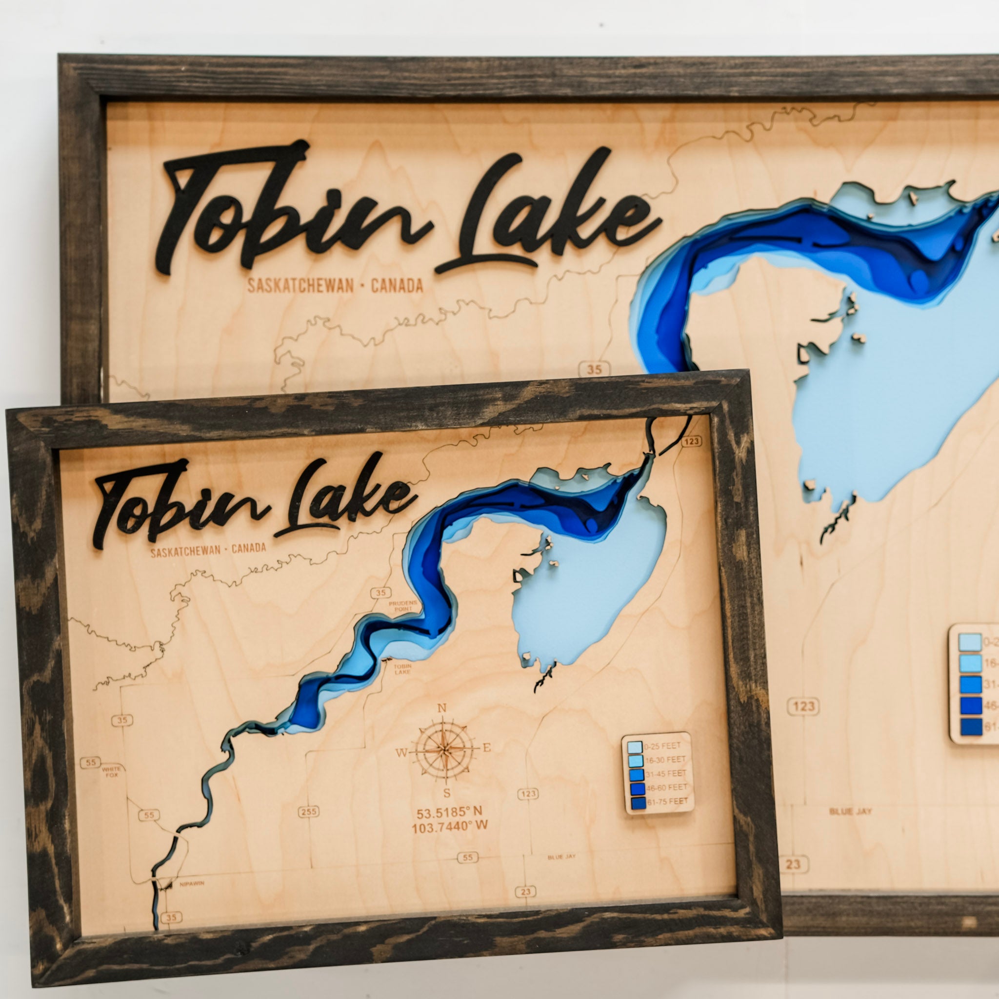 Tobin Lake Map • Bathymetric Layered Wood Depth Map • For Lake Lovers