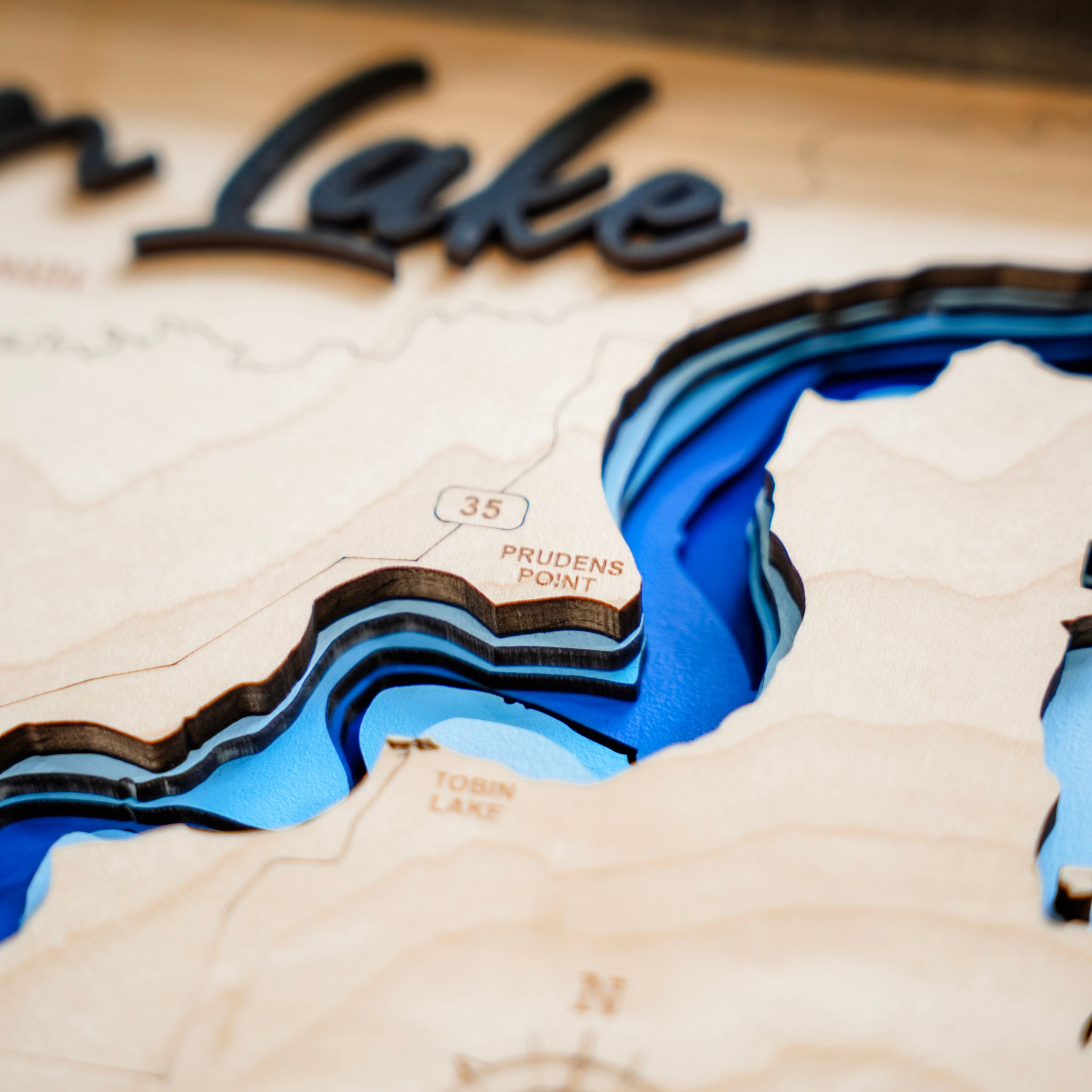 Tobin Lake Map • Bathymetric Layered Wood Depth Map • For Lake Lovers