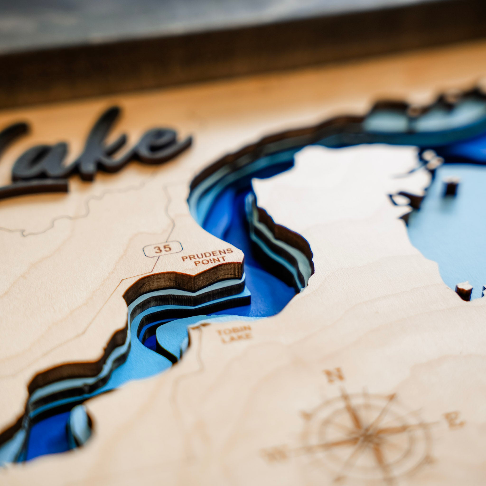 Tobin Lake Map • Bathymetric Layered Wood Depth Map • For Lake Lovers