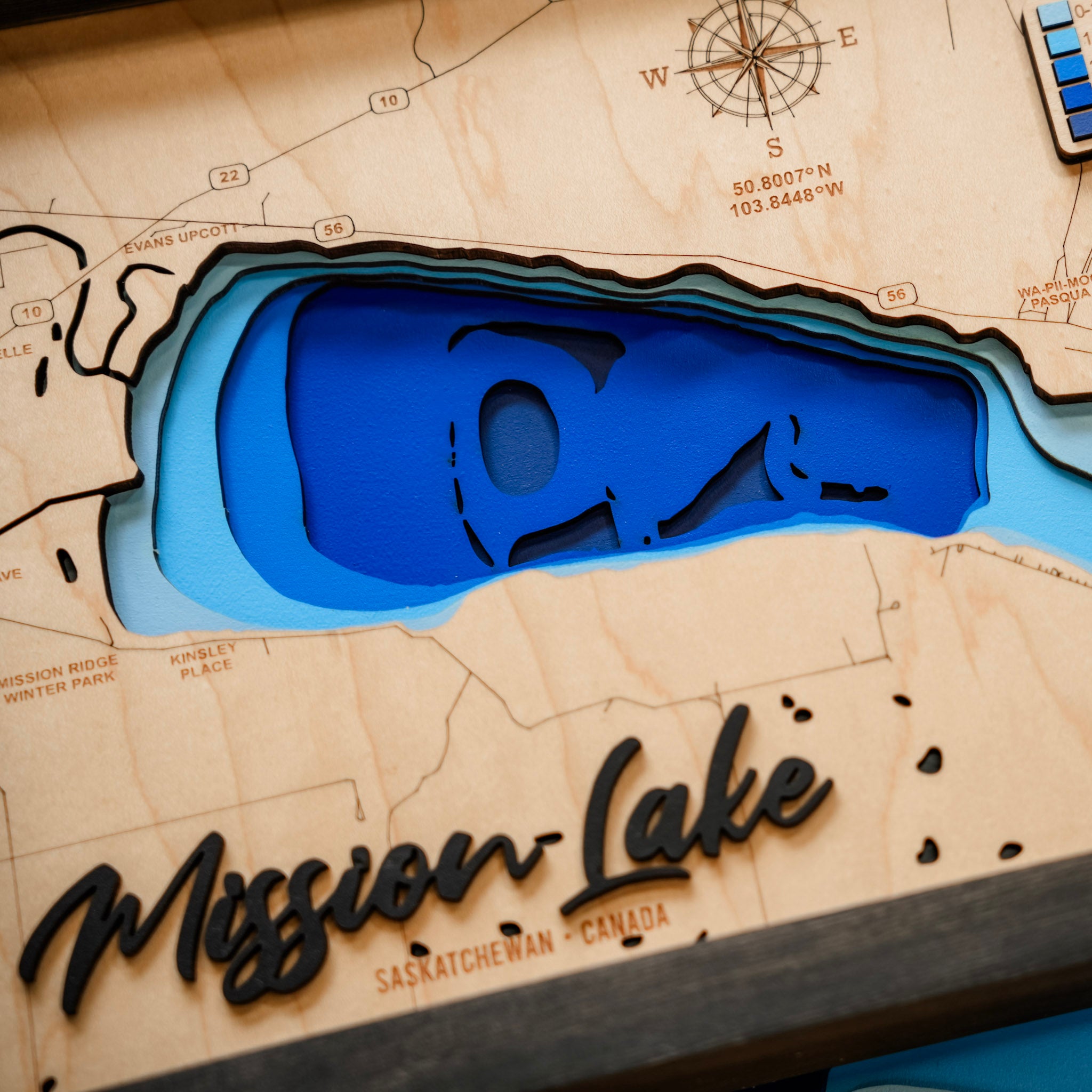 Mission Lake Map • Bathymetric Layered Wood Depth Map • For Lake Lovers
