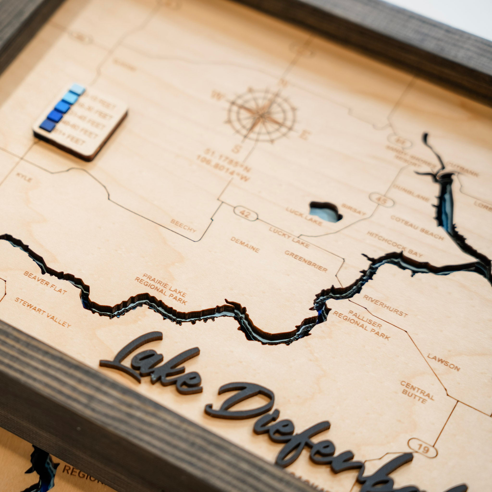 Lake Diefenbaker Map • Bathymetric Layered Wood Depth Map • For Lake Lovers