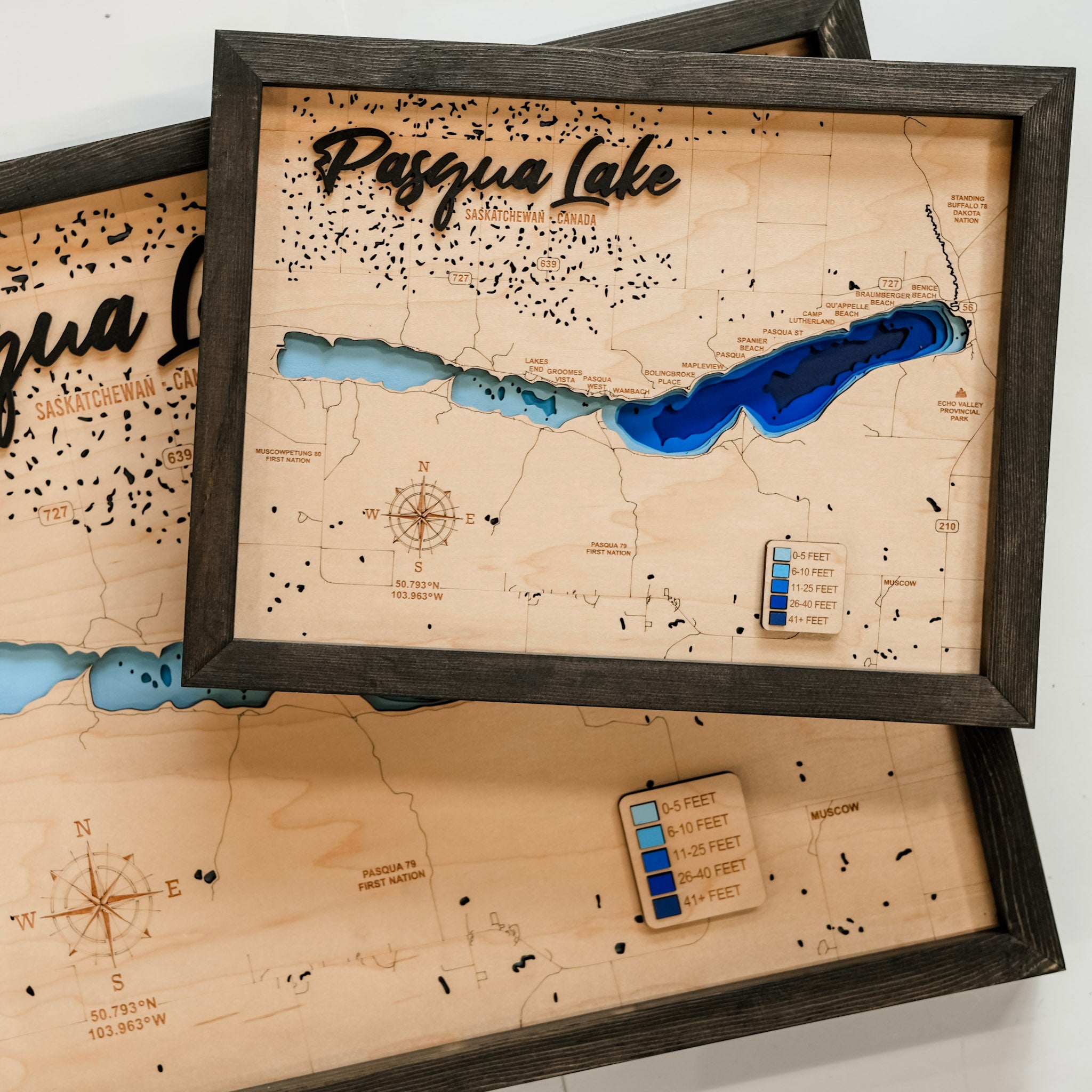 Pasqua Lake Map • Bathymetric Layered Wood Depth Map • For Lake Lovers