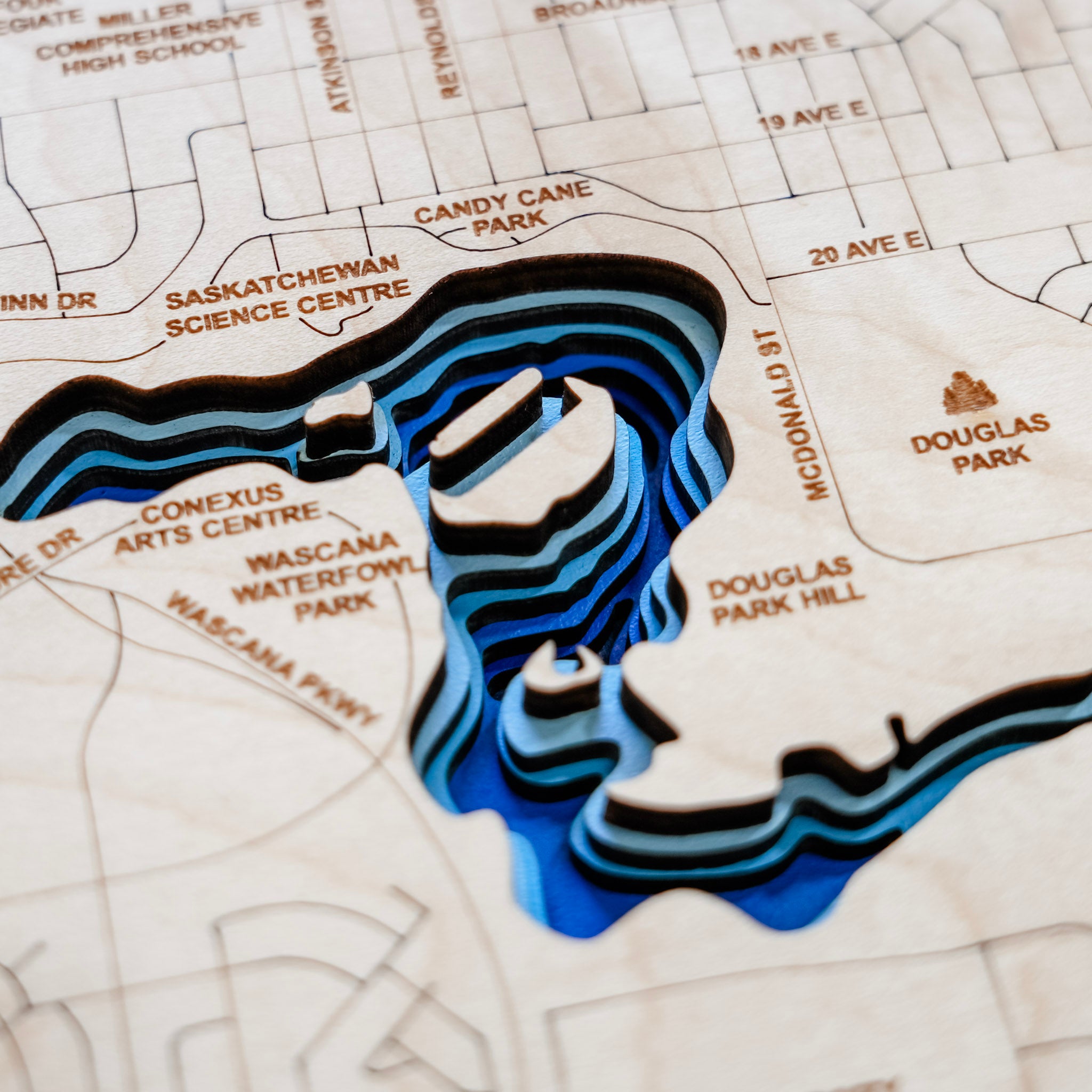 Wascana Lake Map • Bathymetric Layered Wood Depth Map • For Lake Lovers