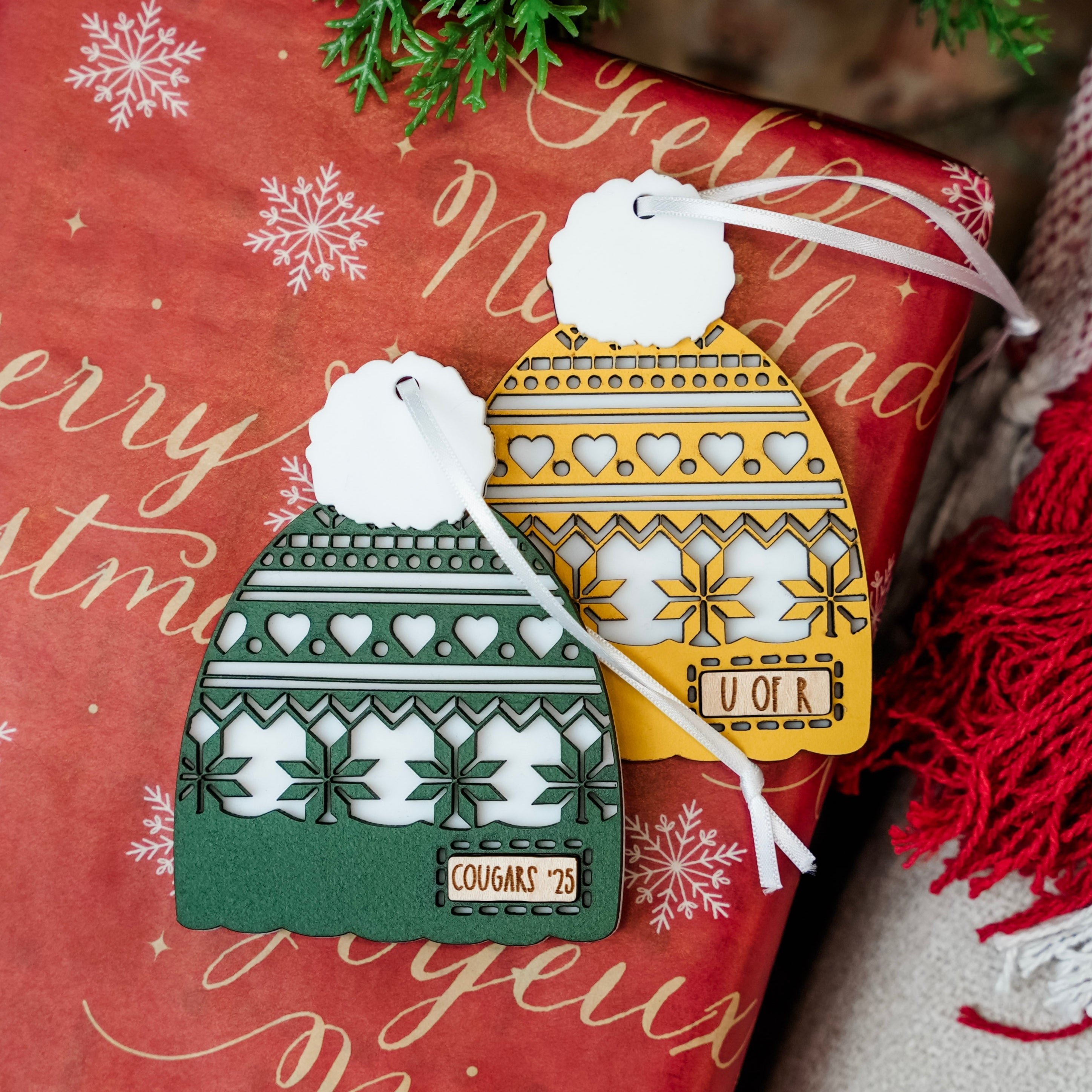 Group Order: Custom Toques • Layered Wood & Acrylic Ornaments • Corporate Gifts
