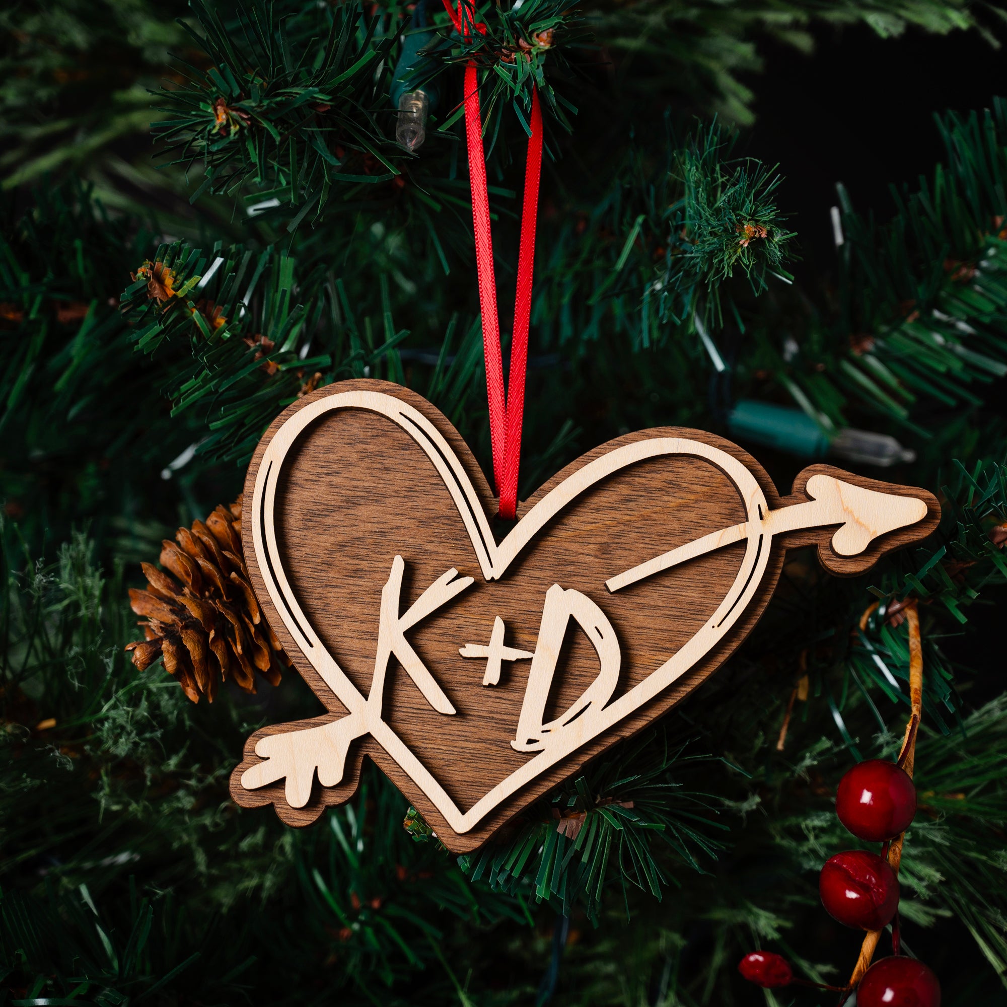 Personalized Carved Heart Layered Wood Ornament / Magnet / Sign - Sticks & Doodles