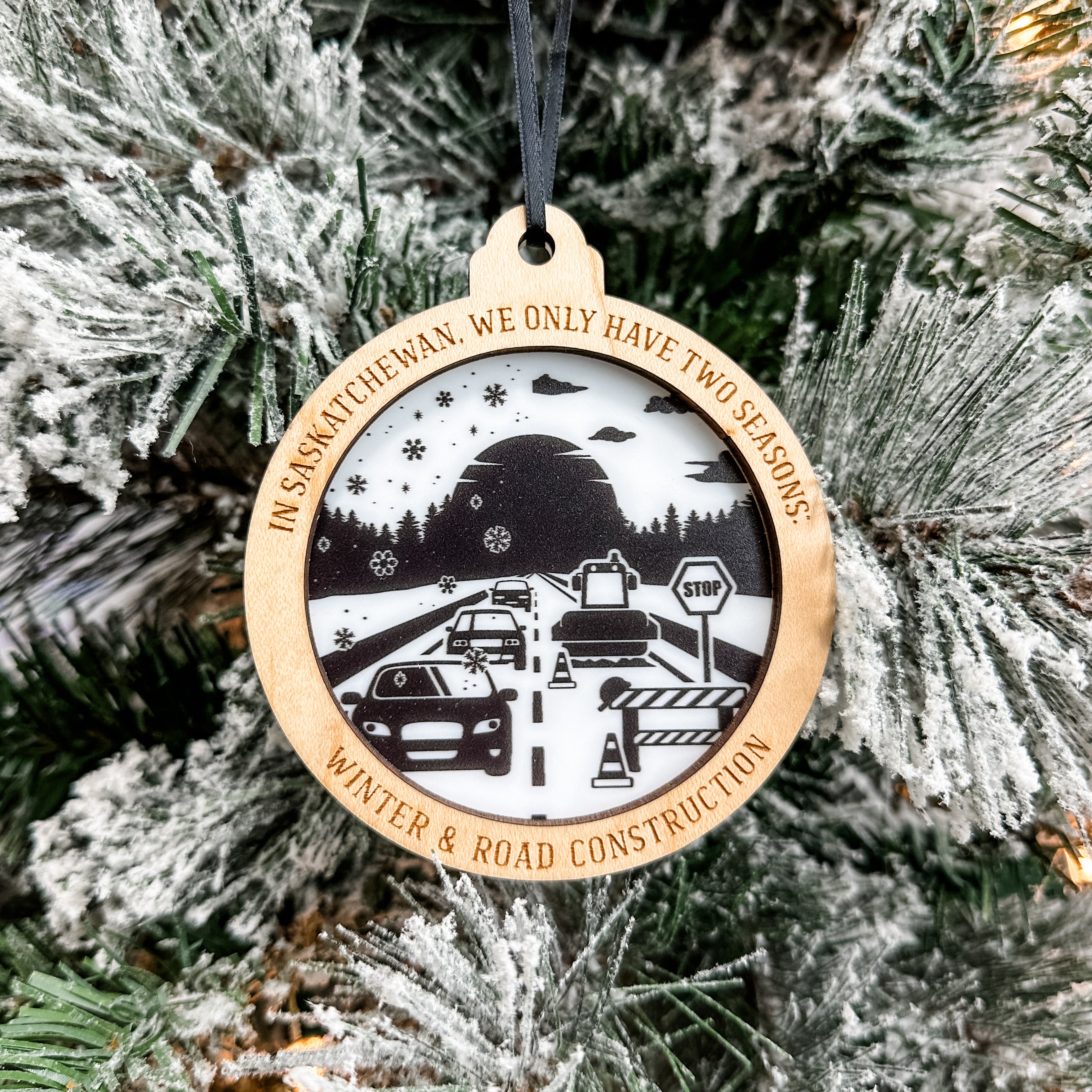 Winter & Road Construction • 3D Wood & Acrylic Ornament