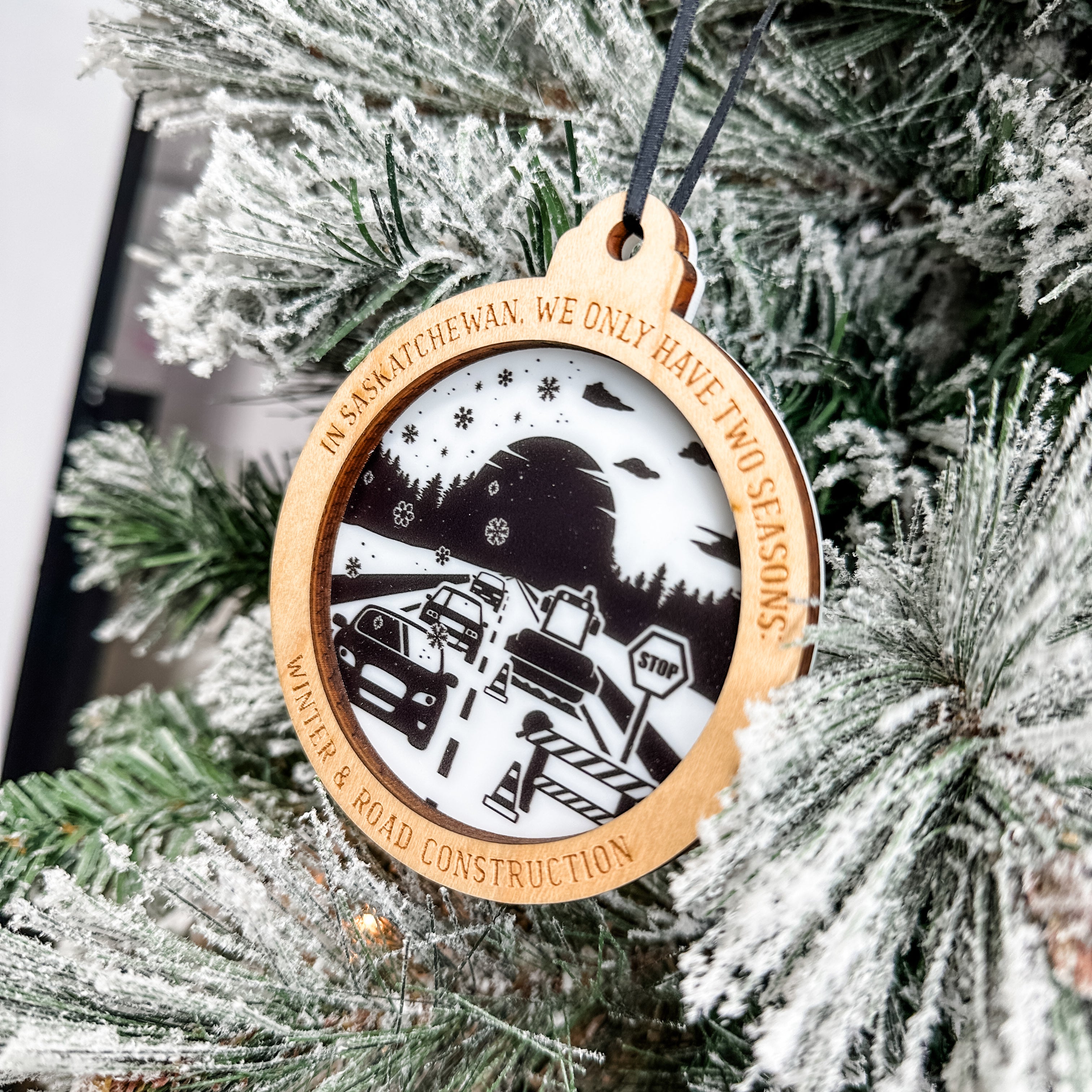 Winter & Road Construction • 3D Wood & Acrylic Ornament