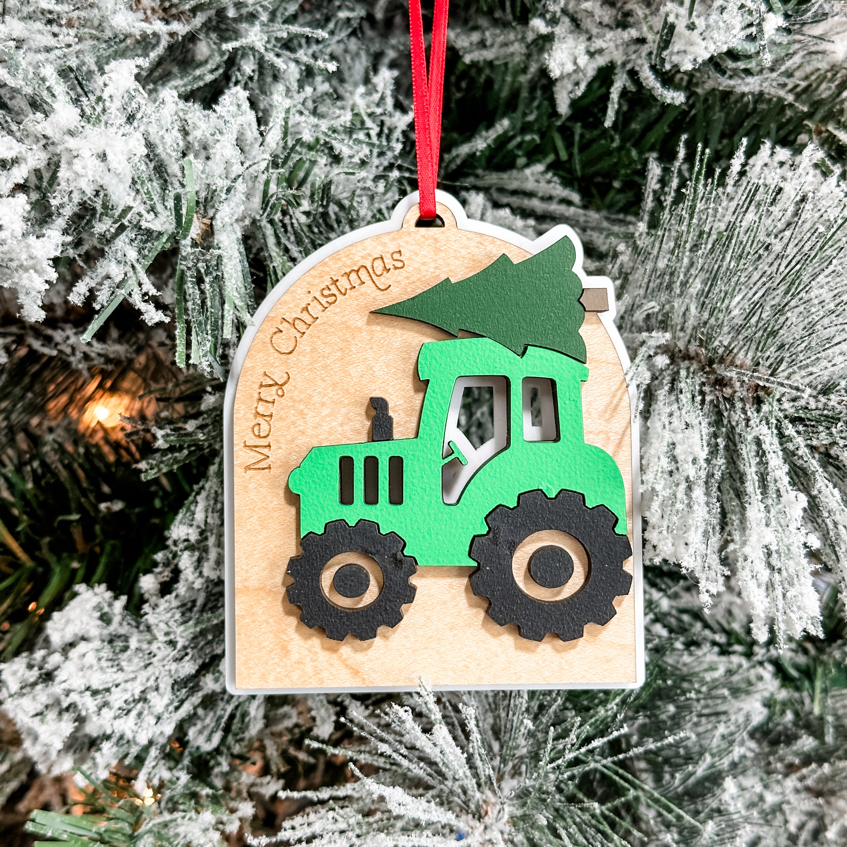 Green Tractor Ornament • 3D Wood Ornament • For Farmers & Families