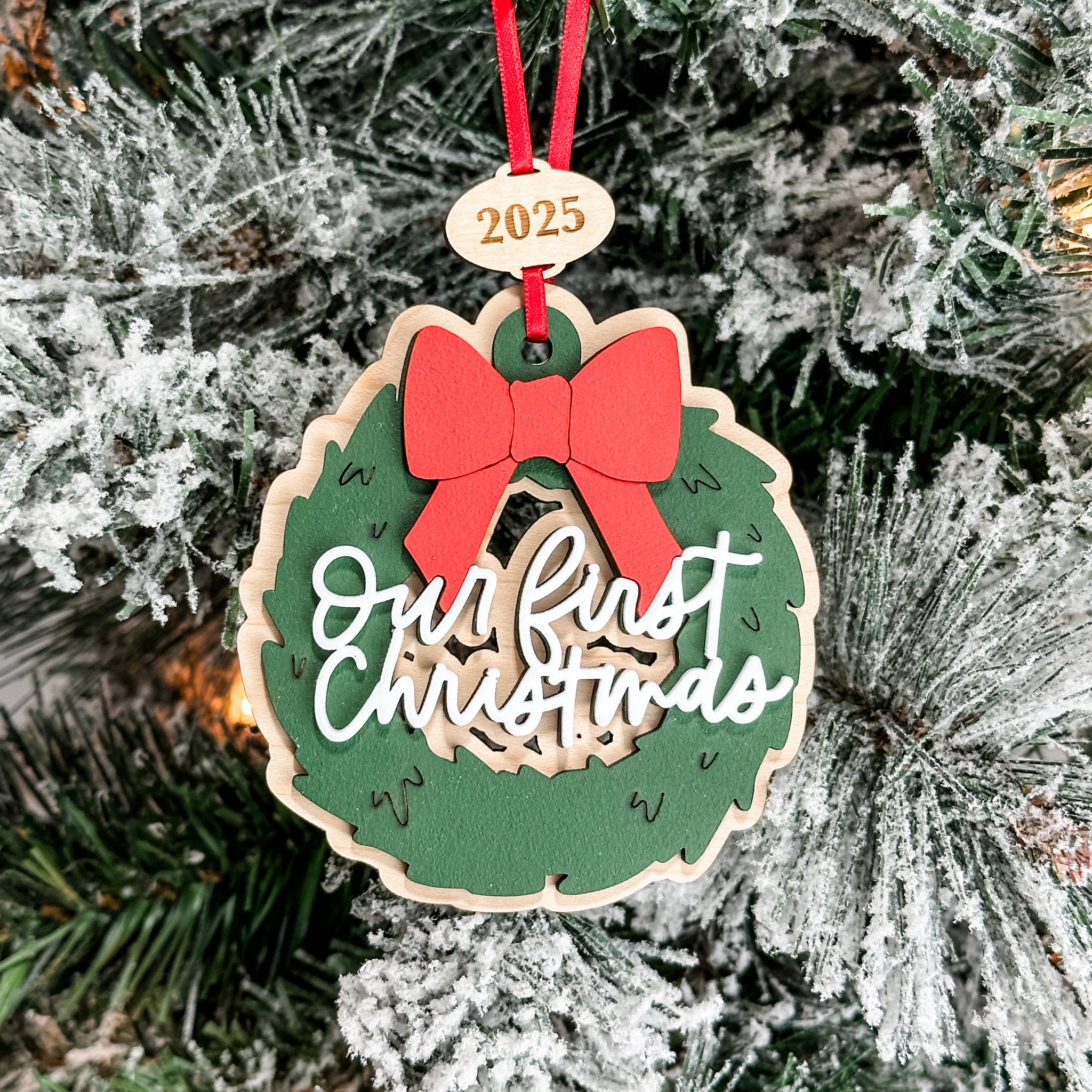Our First Christmas Wreath • 3D Wood & Acrylic Ornament • For Families