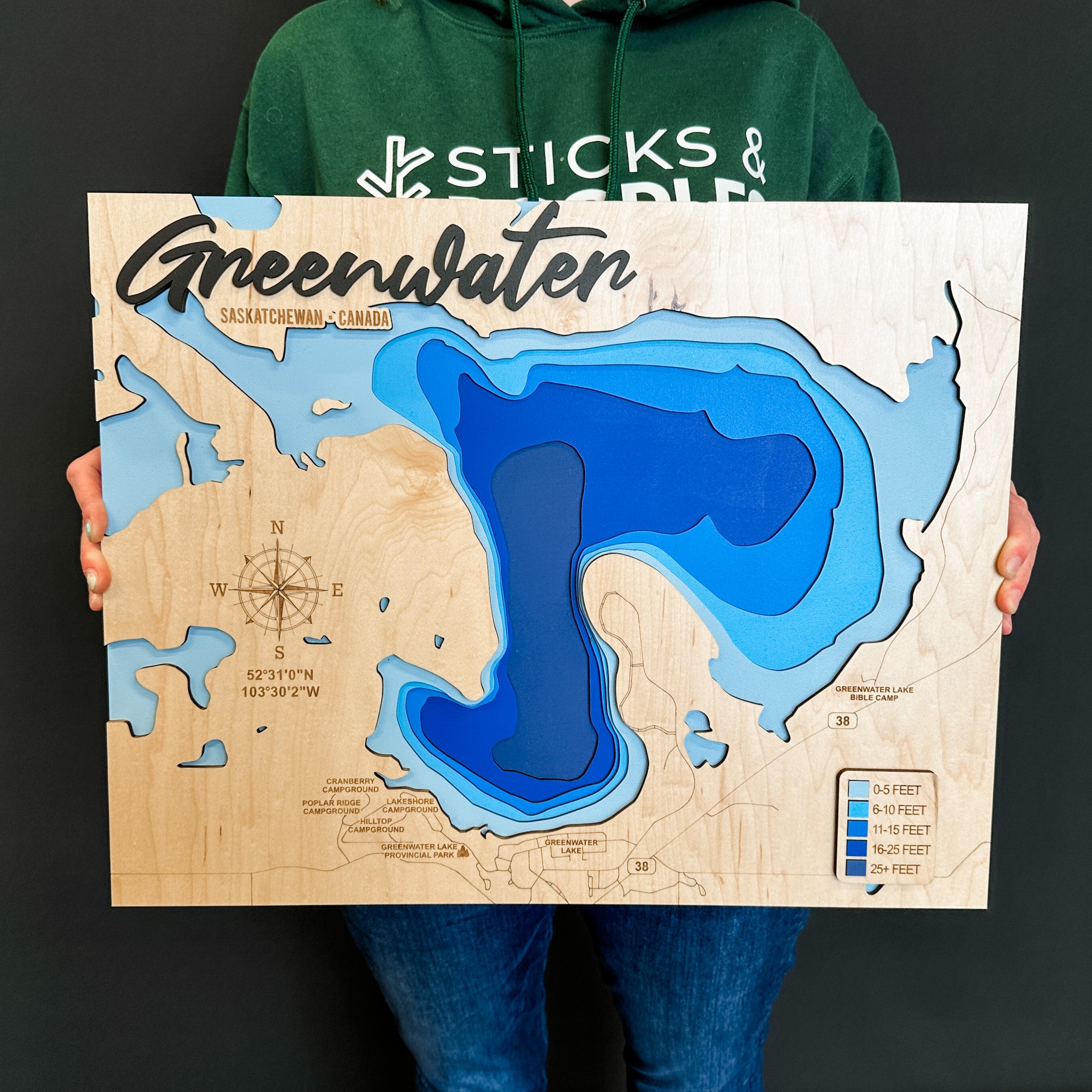 Greenwater Lake Map • Bathymetric Layered Wood Depth Map • For Lake Lovers