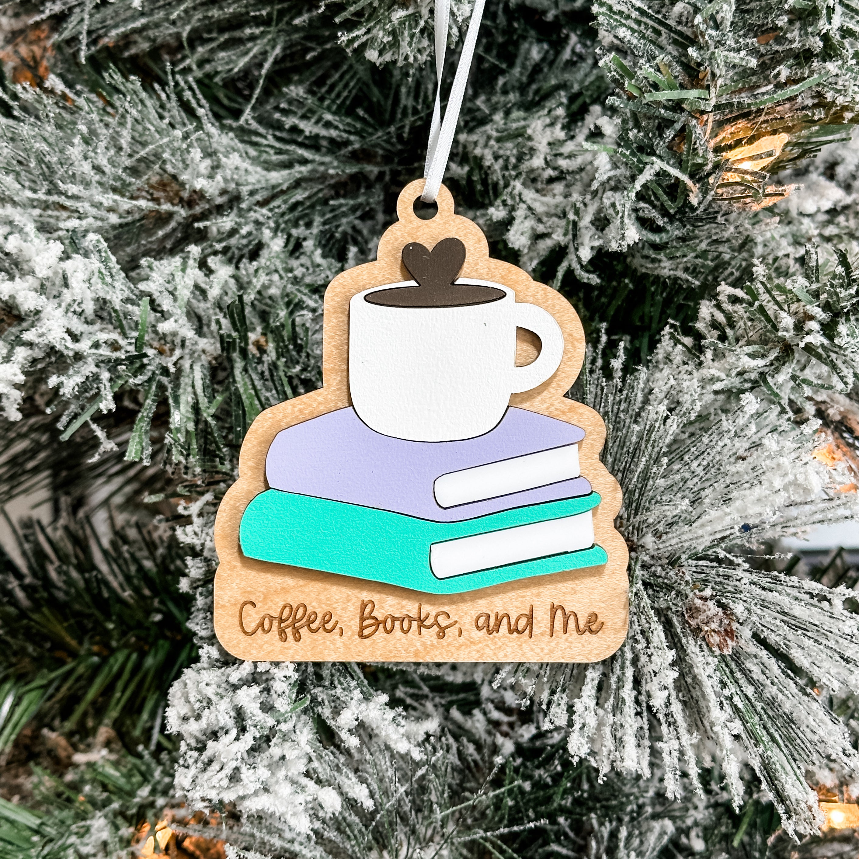 Coffee, Books, and Me • 3D Wood & Acrylic Ornament • For Readers