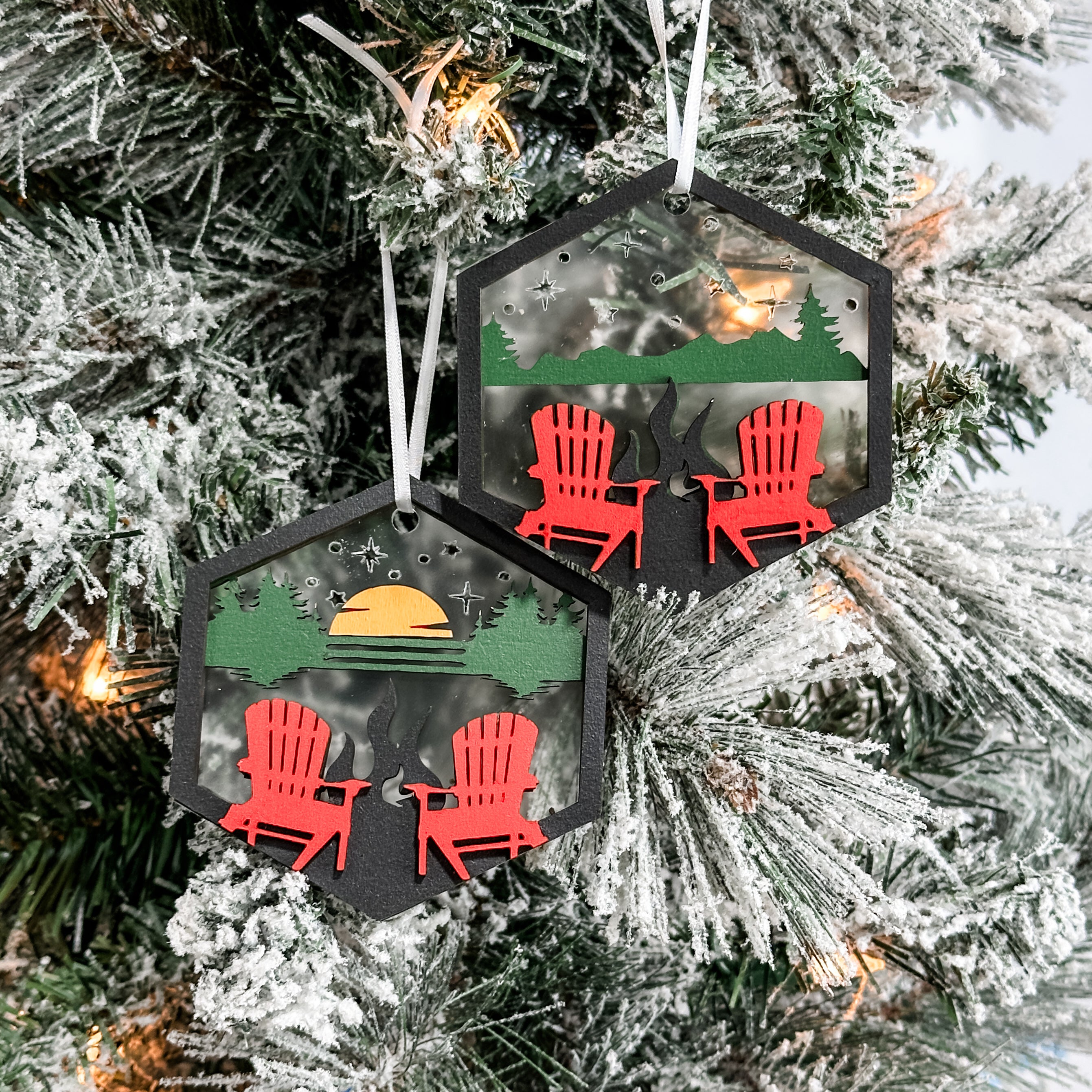 The Red Chairs • 3D Wood & Acrylic Ornament • For Lake Lovers