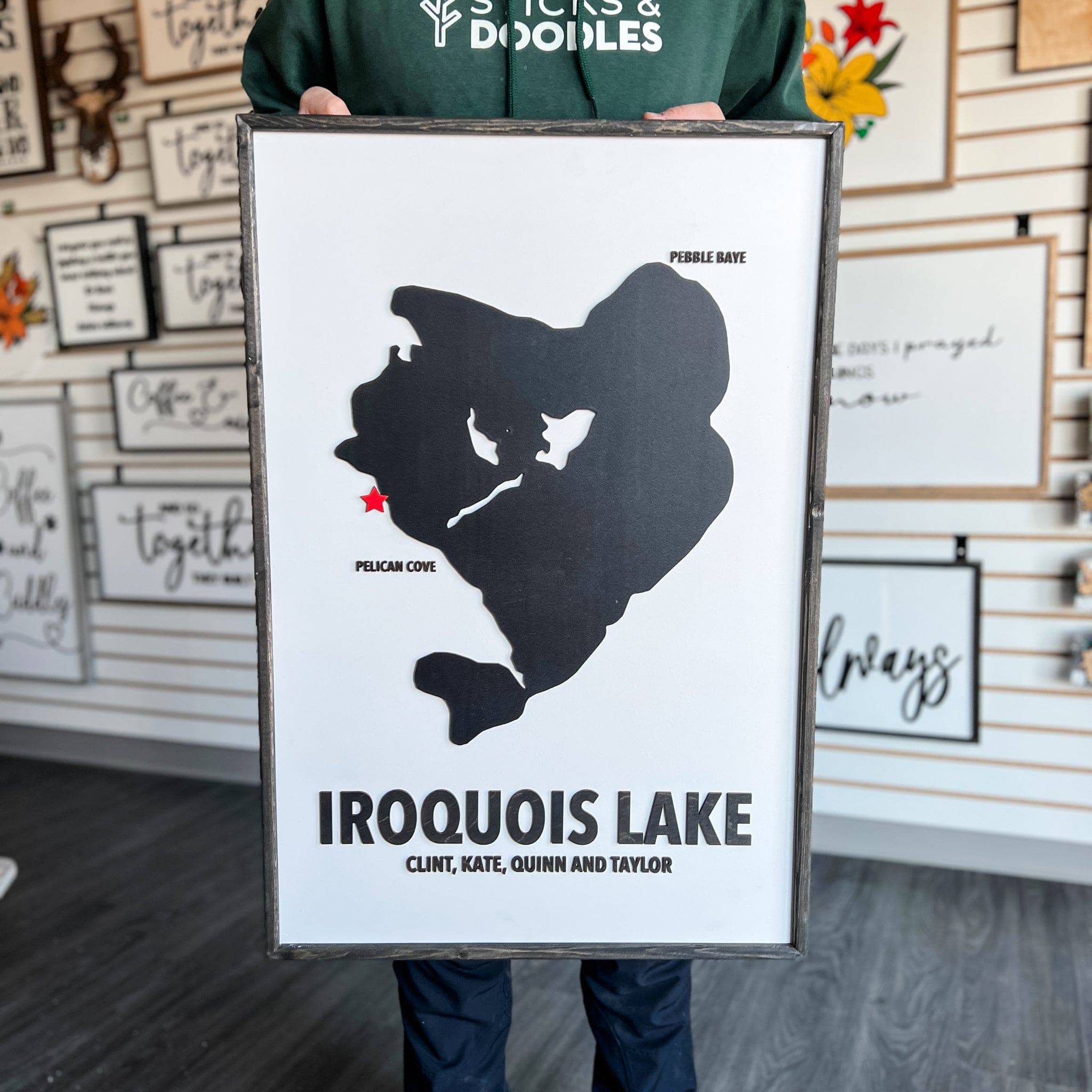 Custom Wood Lake Silhouette Map Art - Sticks & Doodles