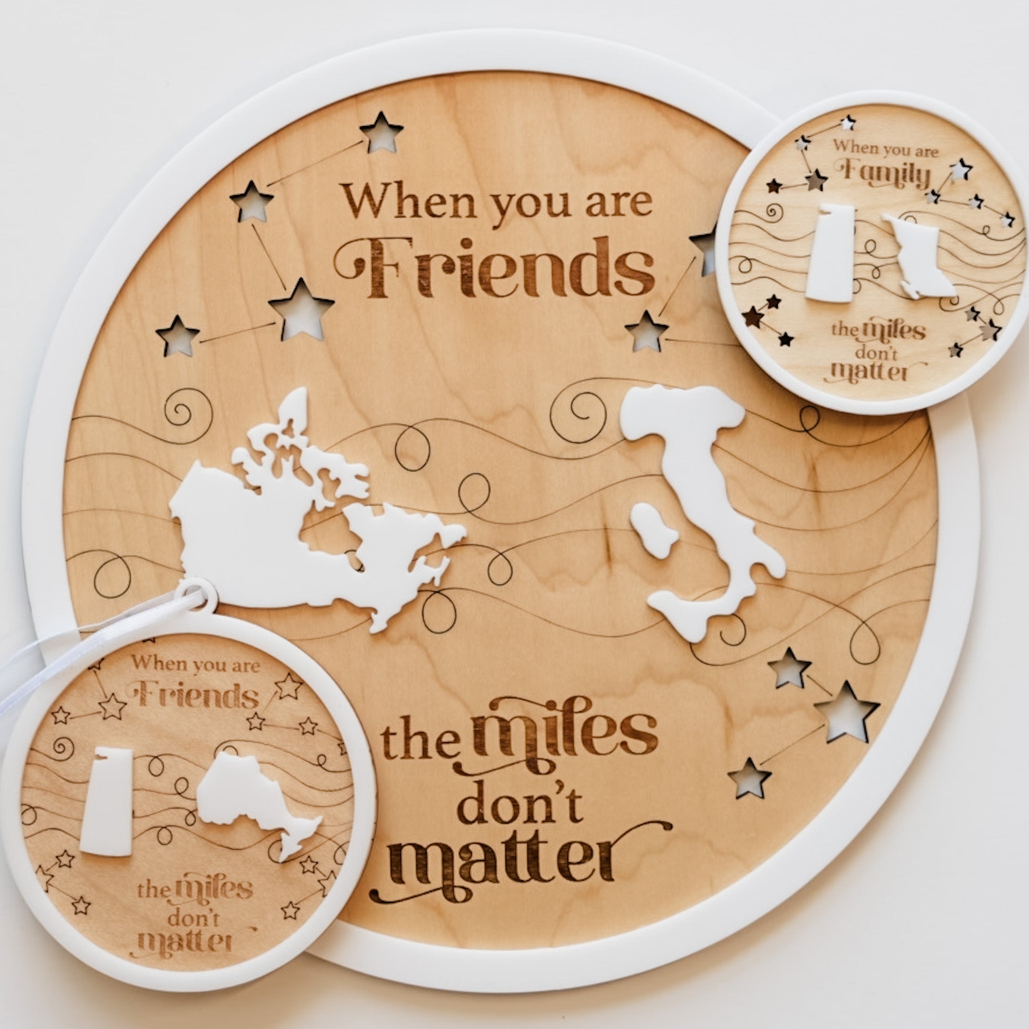 The Miles Don’t Matter • Personalized Wood Ornament, Magnet, or Mini Sign • For Family & Friends