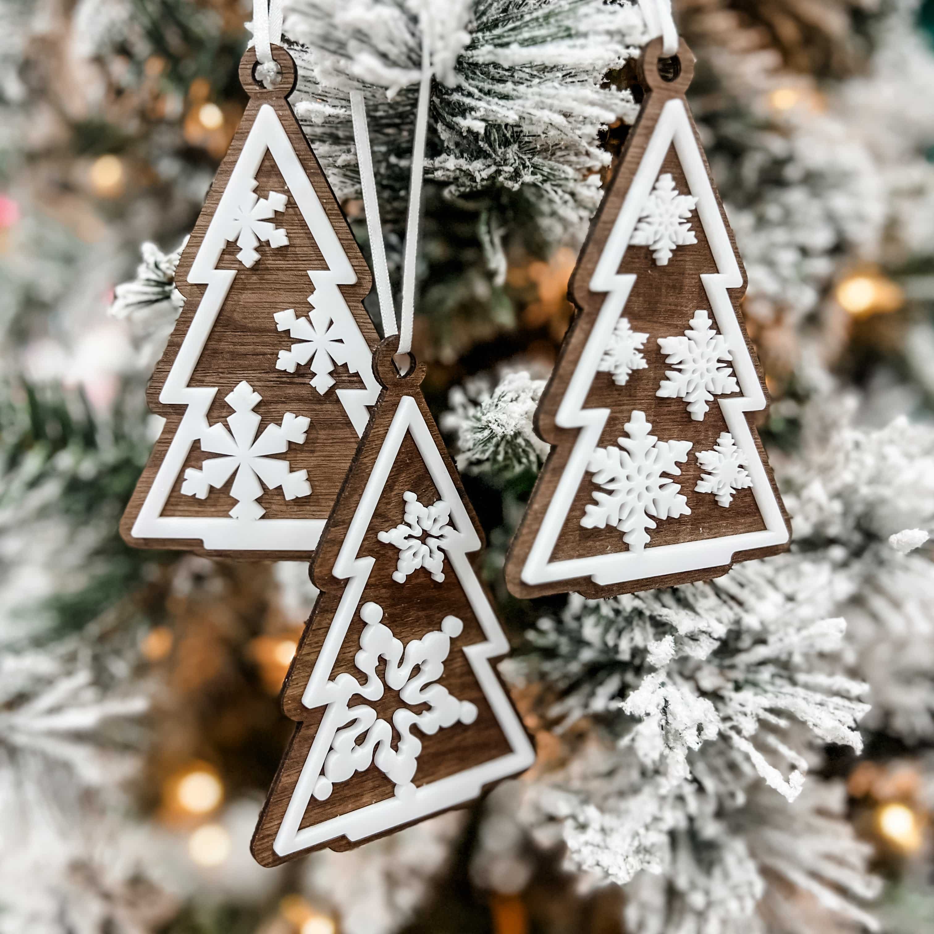 Walnut Christmas Tree 3D Wood Ornament Set - Sticks & Doodles