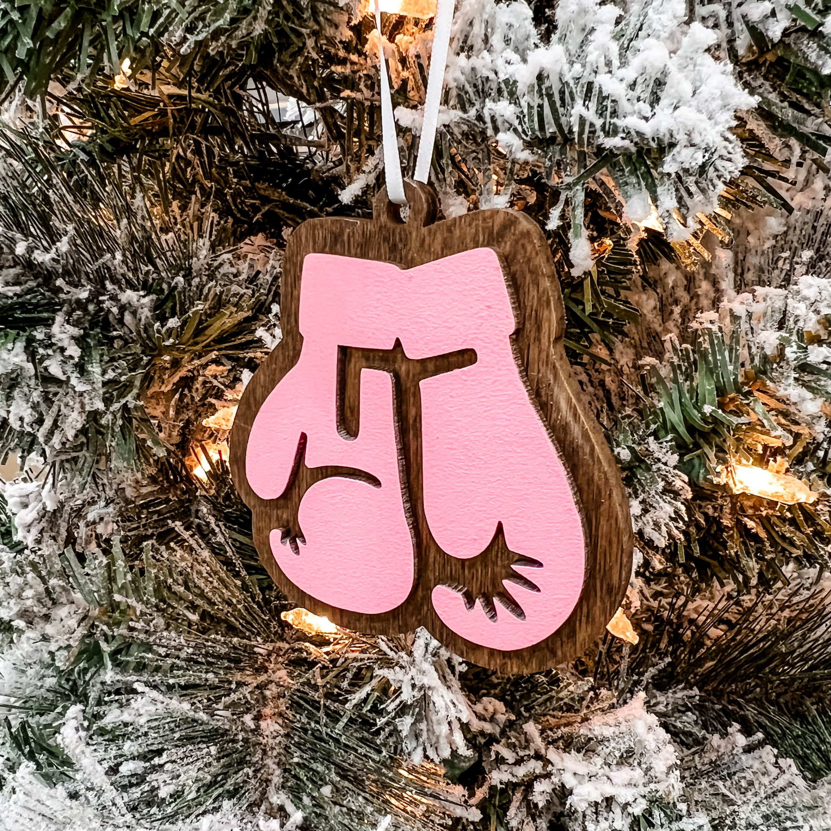 Breast Cancer Boxing Gloves 3D Wood Ornament - Sticks & Doodles
