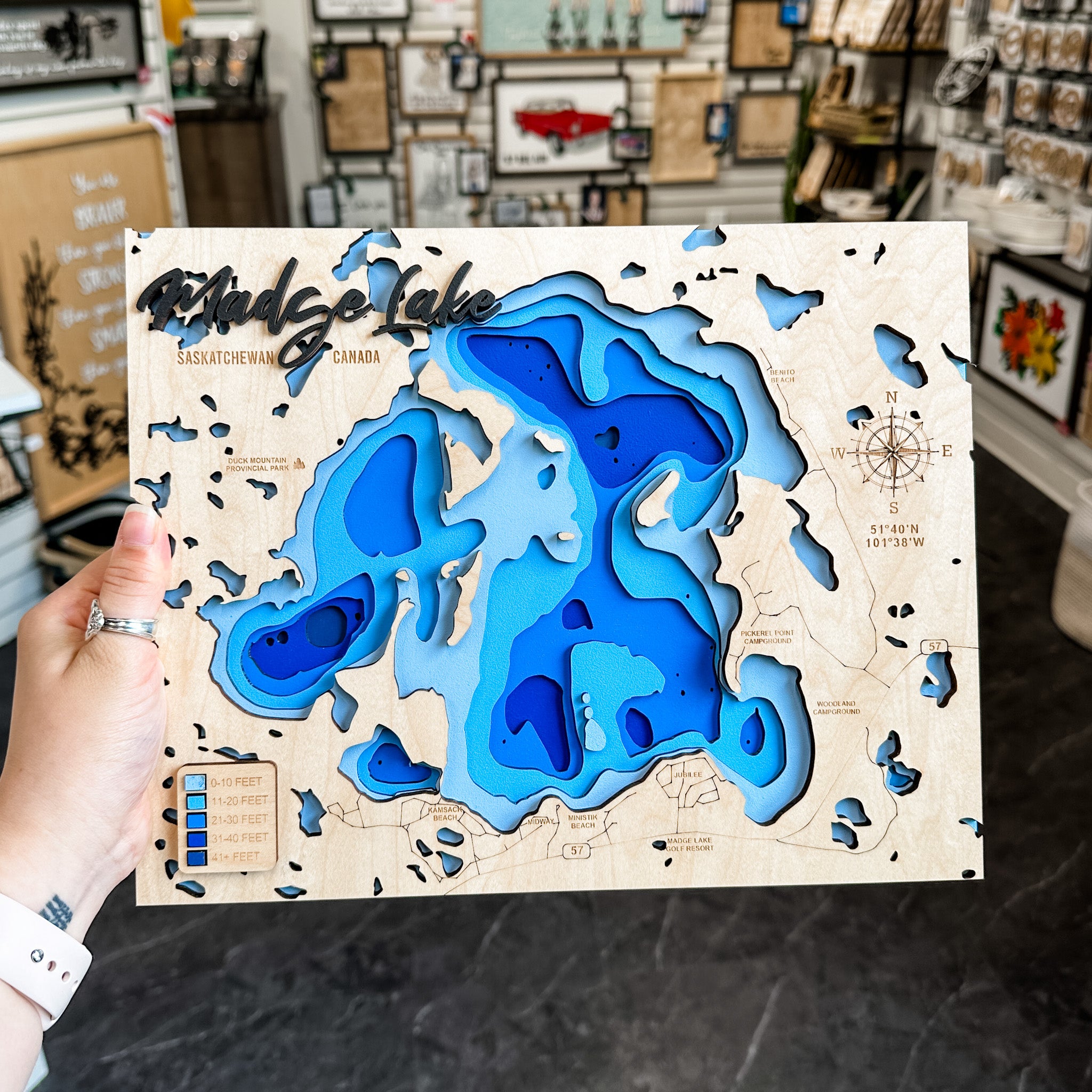 Madge Lake Map • Bathymetric Layered Wood Depth Map • For Lake Lovers