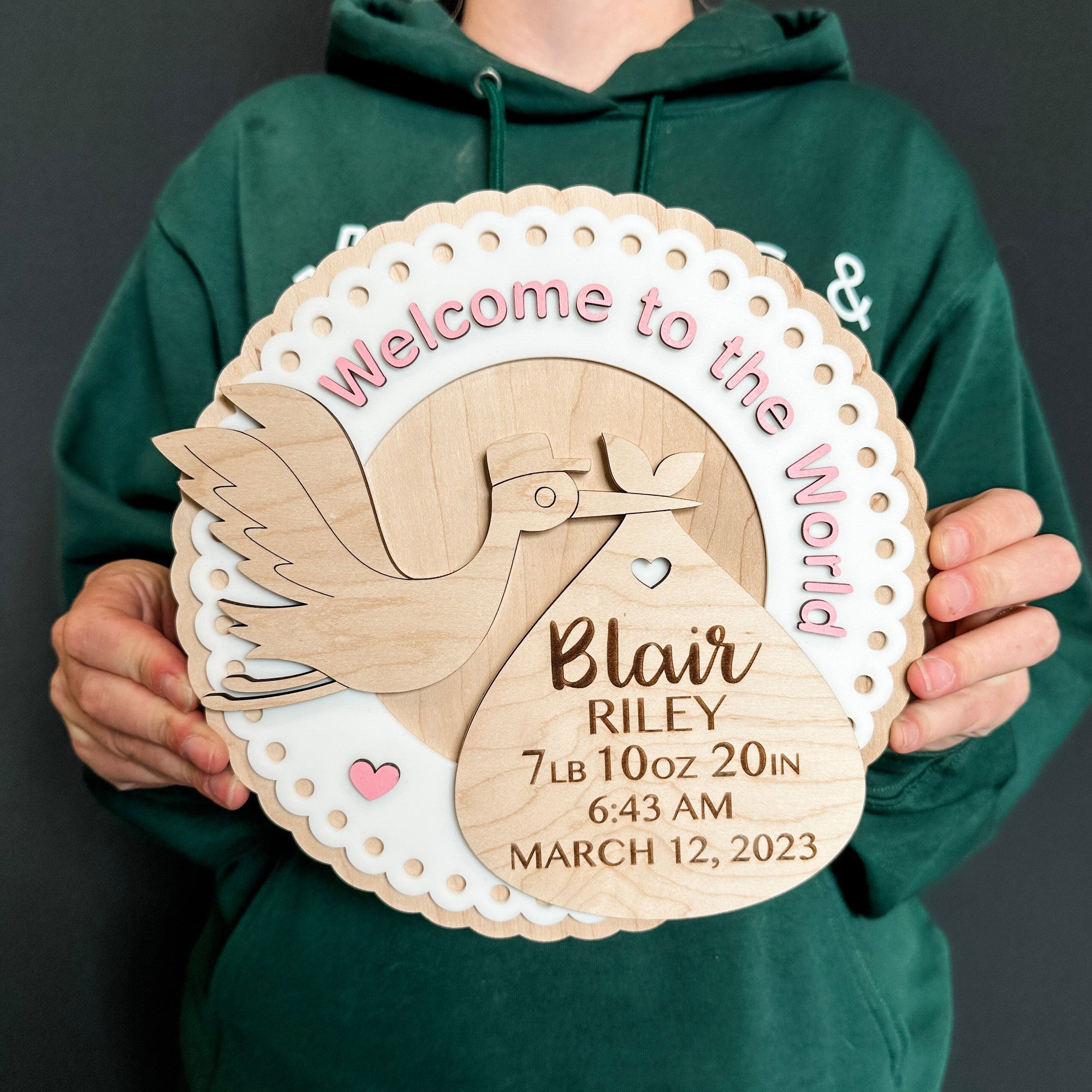 The Stork Birth Stats | 3D Wood Ornament, Magnet or Mini Sign