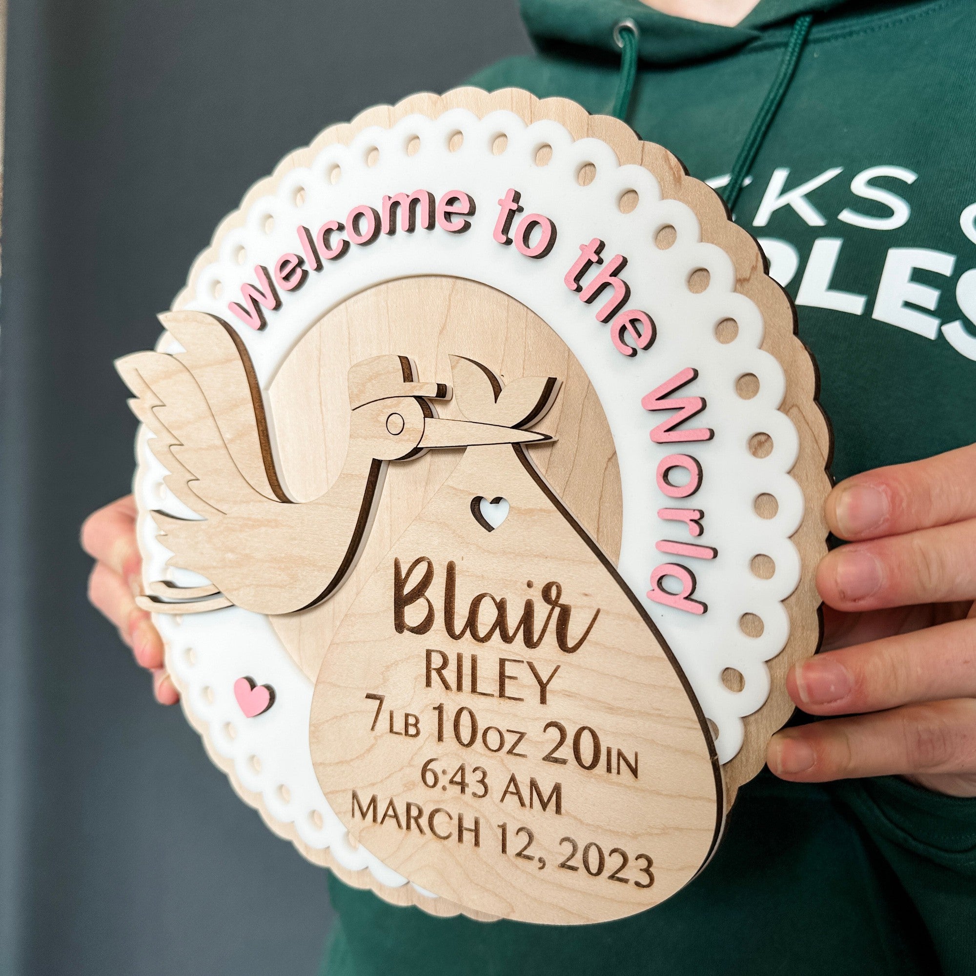 The Stork Birth Stats | 3D Wood Ornament, Magnet or Mini Sign