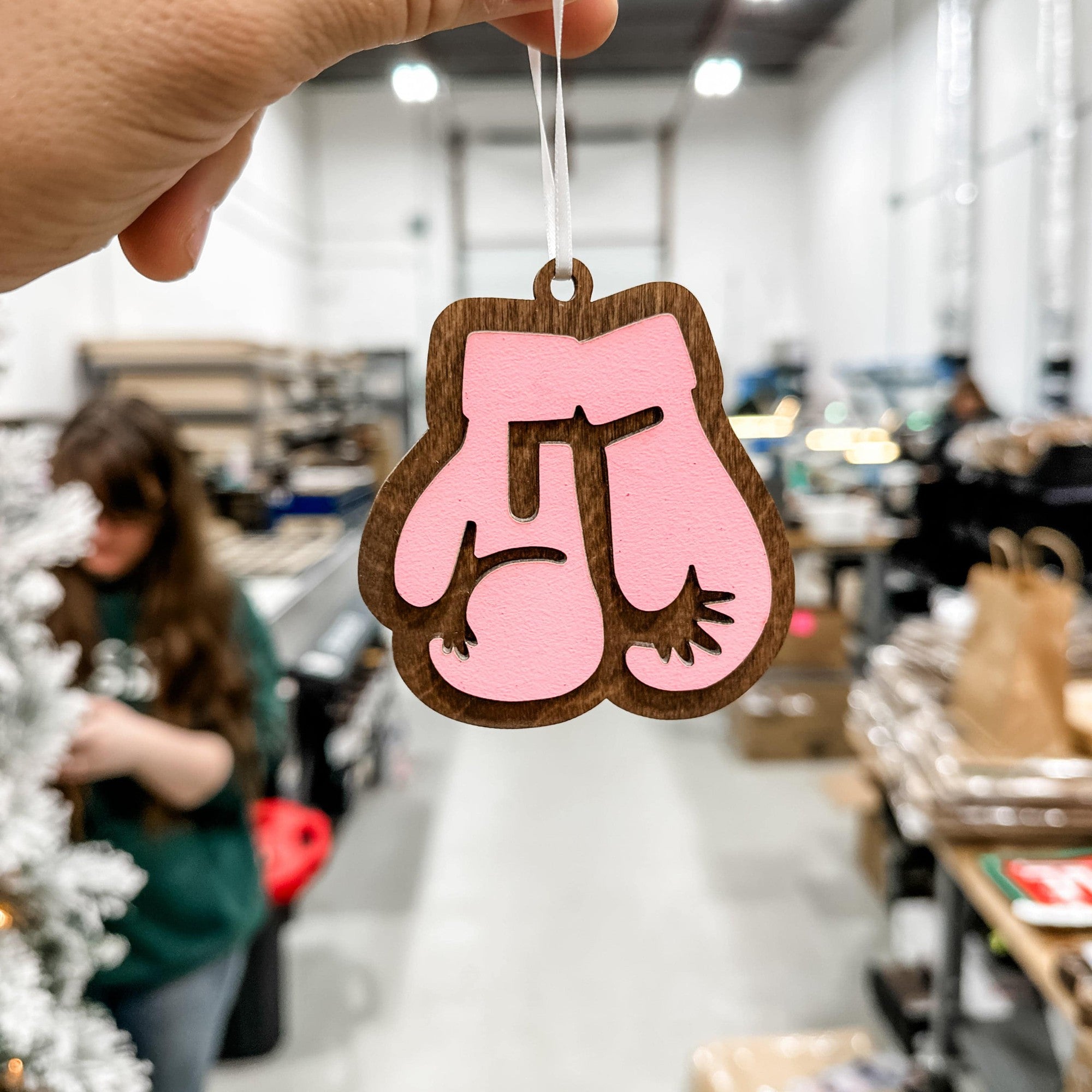 Breast Cancer Boxing Gloves 3D Wood Ornament - Sticks & Doodles