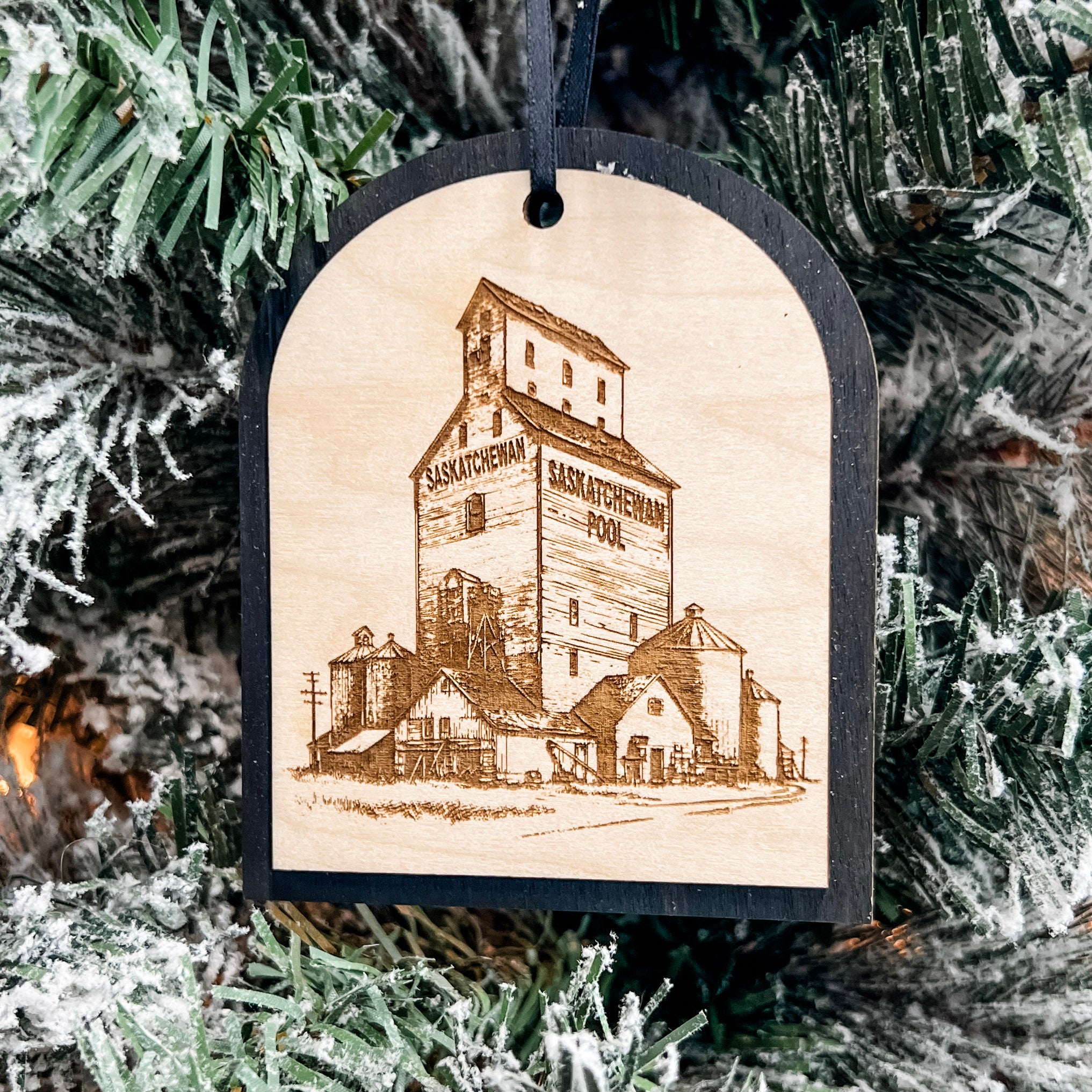 Engraved Grain Elevator Sketch | 3D Wood Ornament