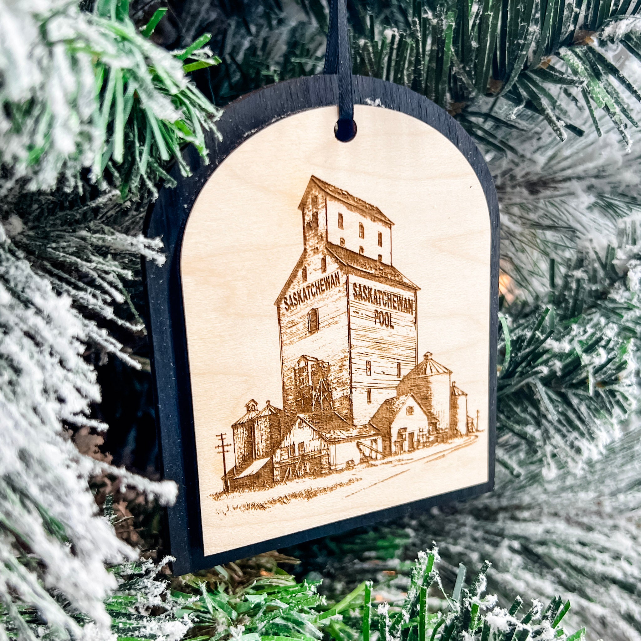 Engraved Grain Elevator Sketch | 3D Wood Ornament