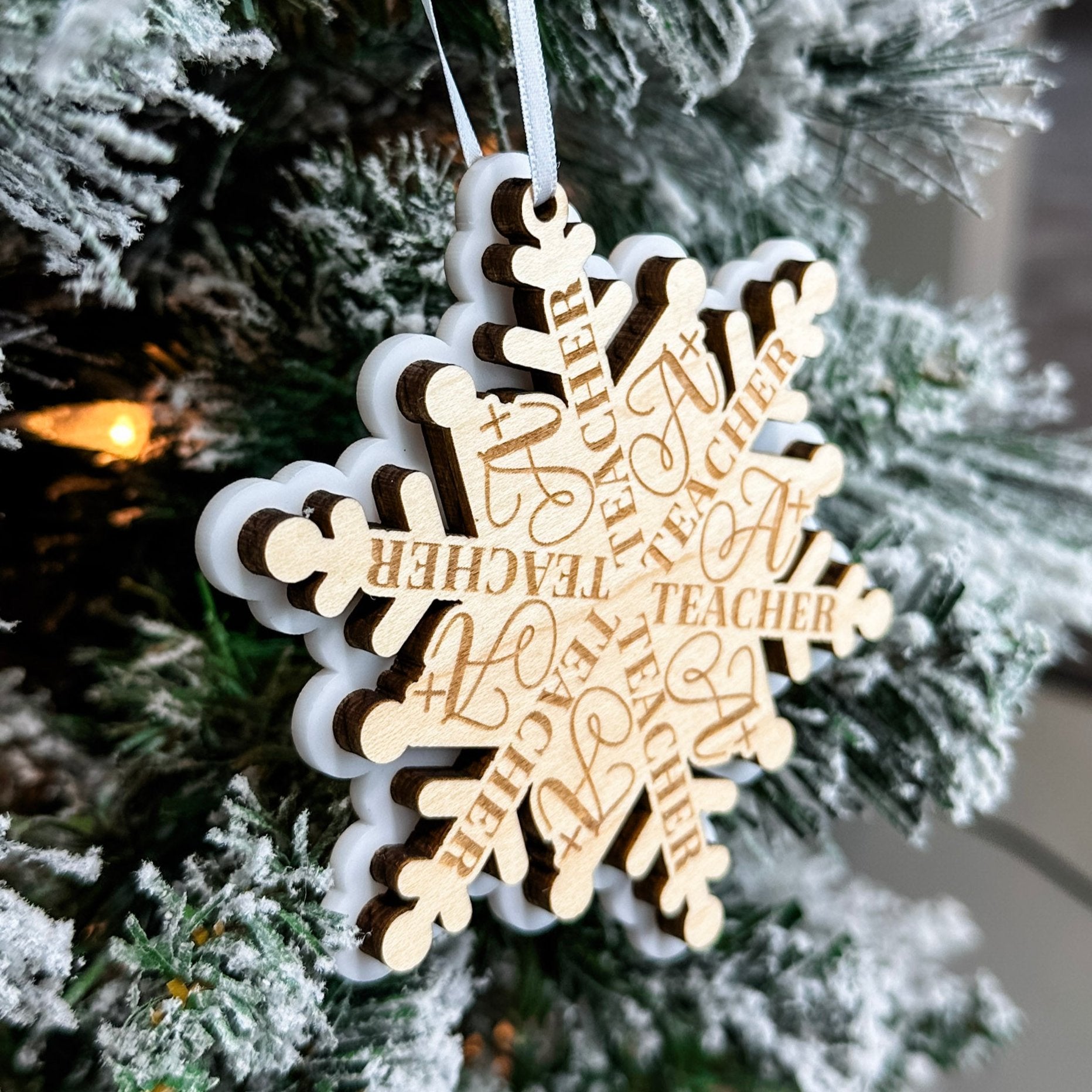 A+ Teacher Snowflake | 3D Wood & Acrylic Ornament