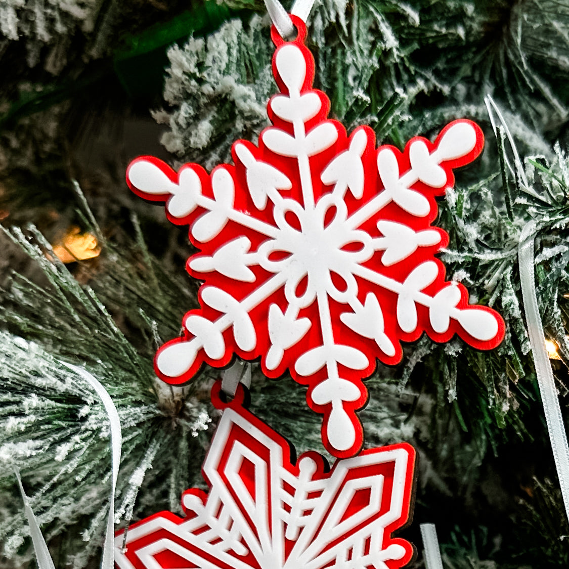 Red Snowflake Collection | 3D Wood & Acrylic Ornaments