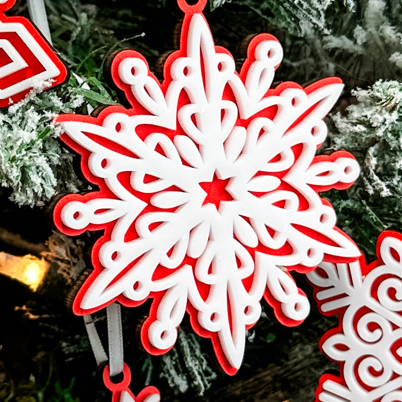 Red Snowflake Collection | 3D Wood & Acrylic Ornaments