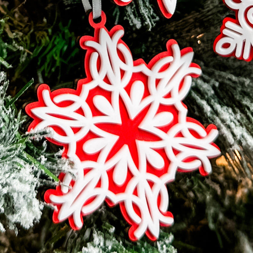 Red Snowflake Collection | 3D Wood & Acrylic Ornaments