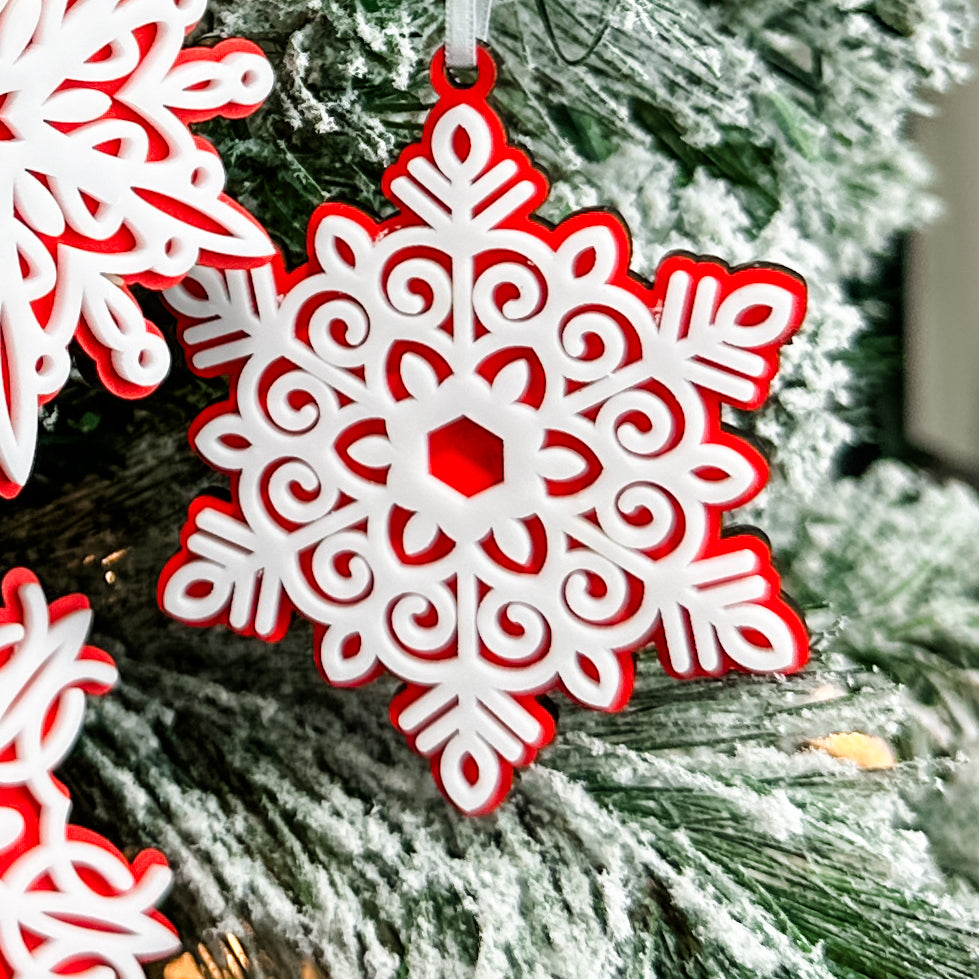 Red Snowflake Collection | 3D Wood & Acrylic Ornaments