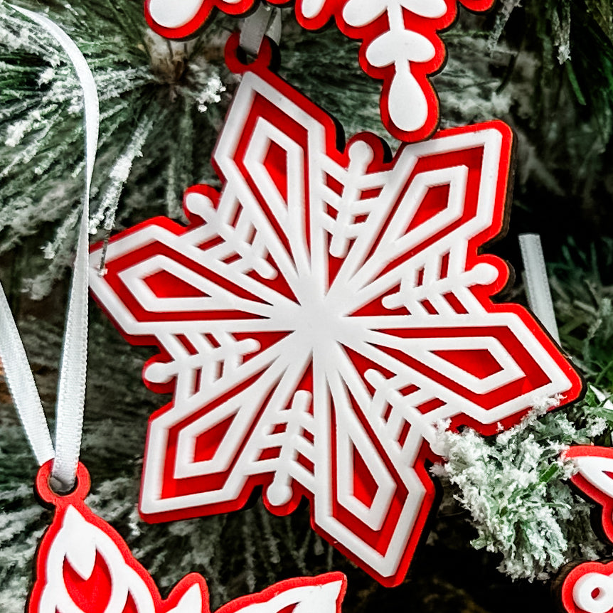 Red Snowflake Collection | 3D Wood & Acrylic Ornaments