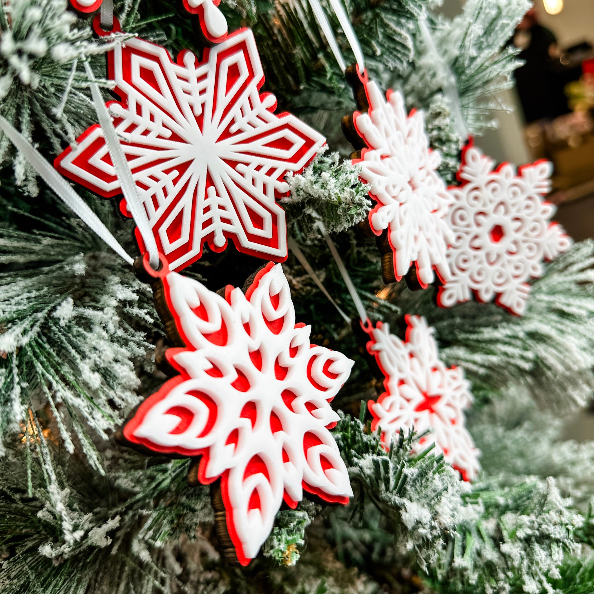 Red Snowflake Collection | 3D Wood & Acrylic Ornaments