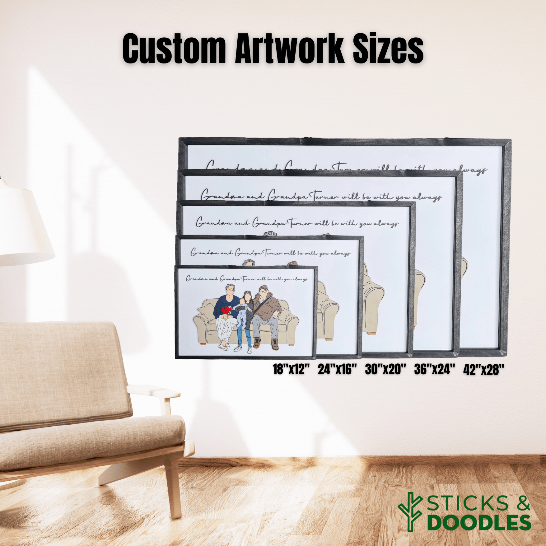 Sticks & Doodles' Signature Custom Wooden Artwork - Families, Couples, & Pets - Sticks & Doodles