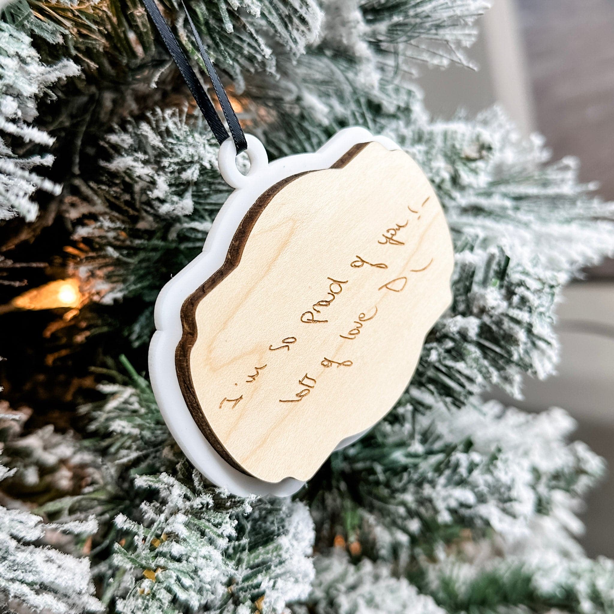 Engraved Writing Sample | 3D Wood & Acrylic Ornament