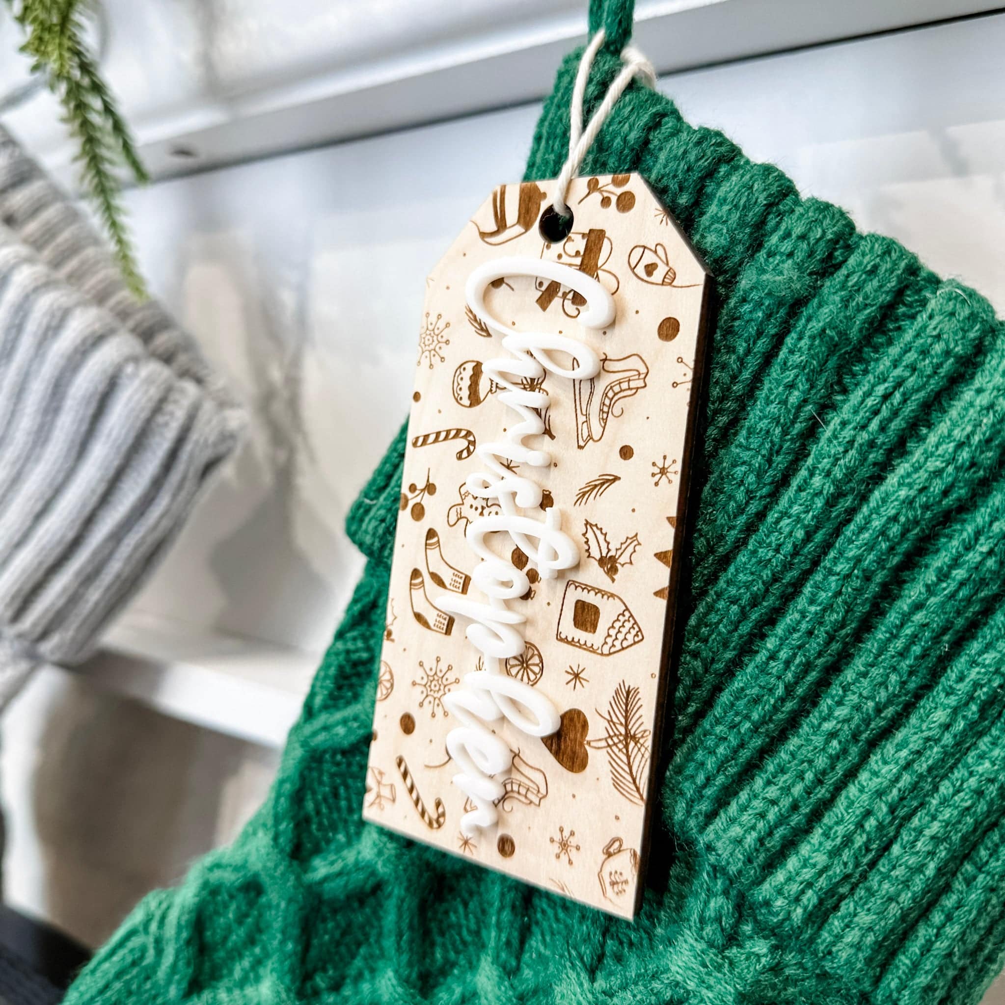 Festive Natural Christmas • 3D Wood & Acrylic Stocking Tags