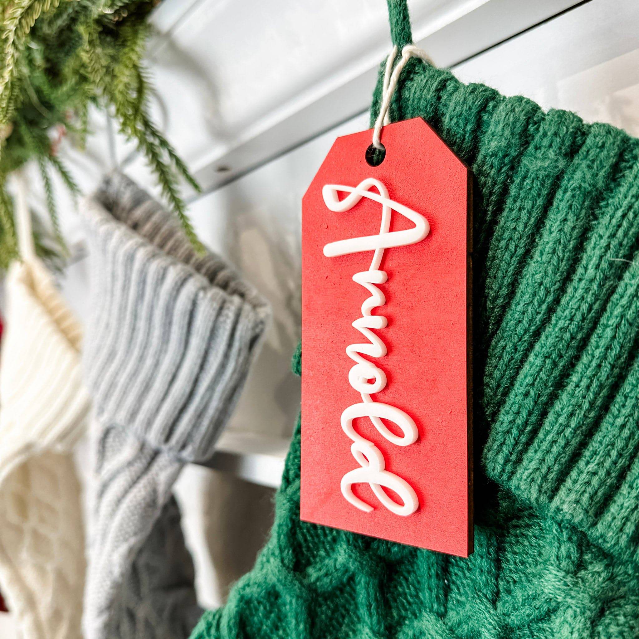 Festive Natural Christmas • 3D Wood & Acrylic Stocking Tags