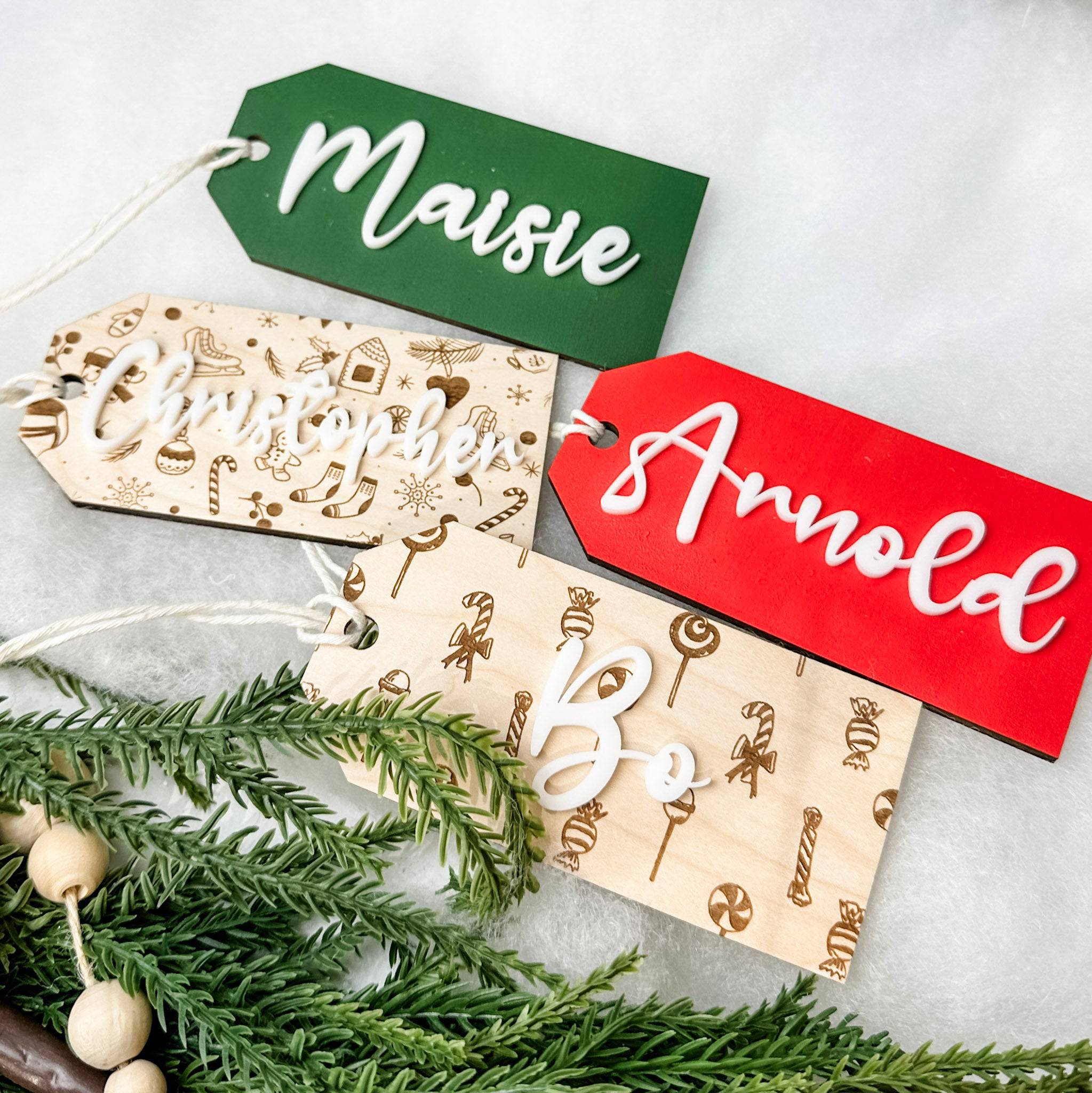 Festive Natural Christmas • 3D Wood & Acrylic Stocking Tags