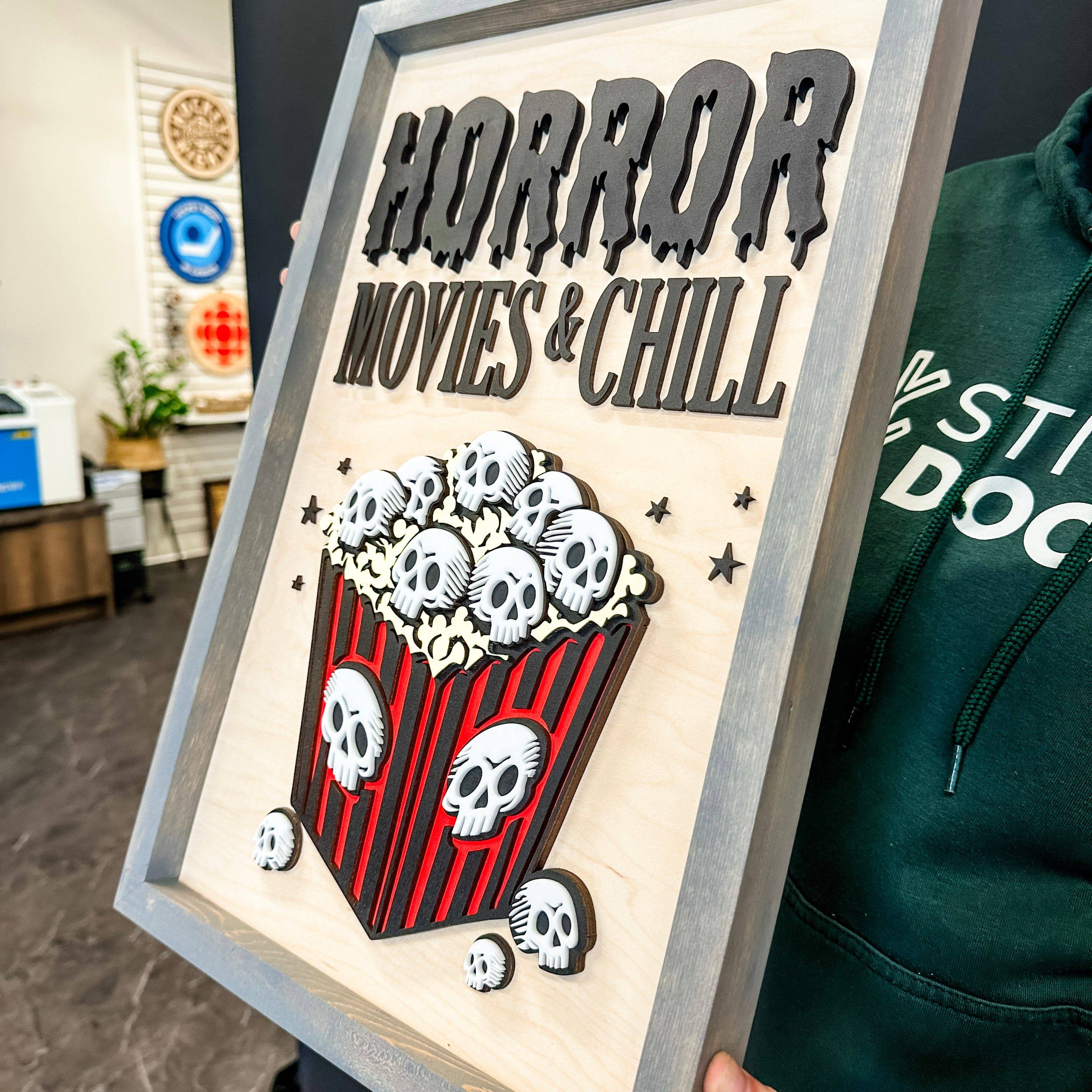 Horror Movies & Chill • Layered Wood & Acrylic Sign • For Halloween and Horror Fans