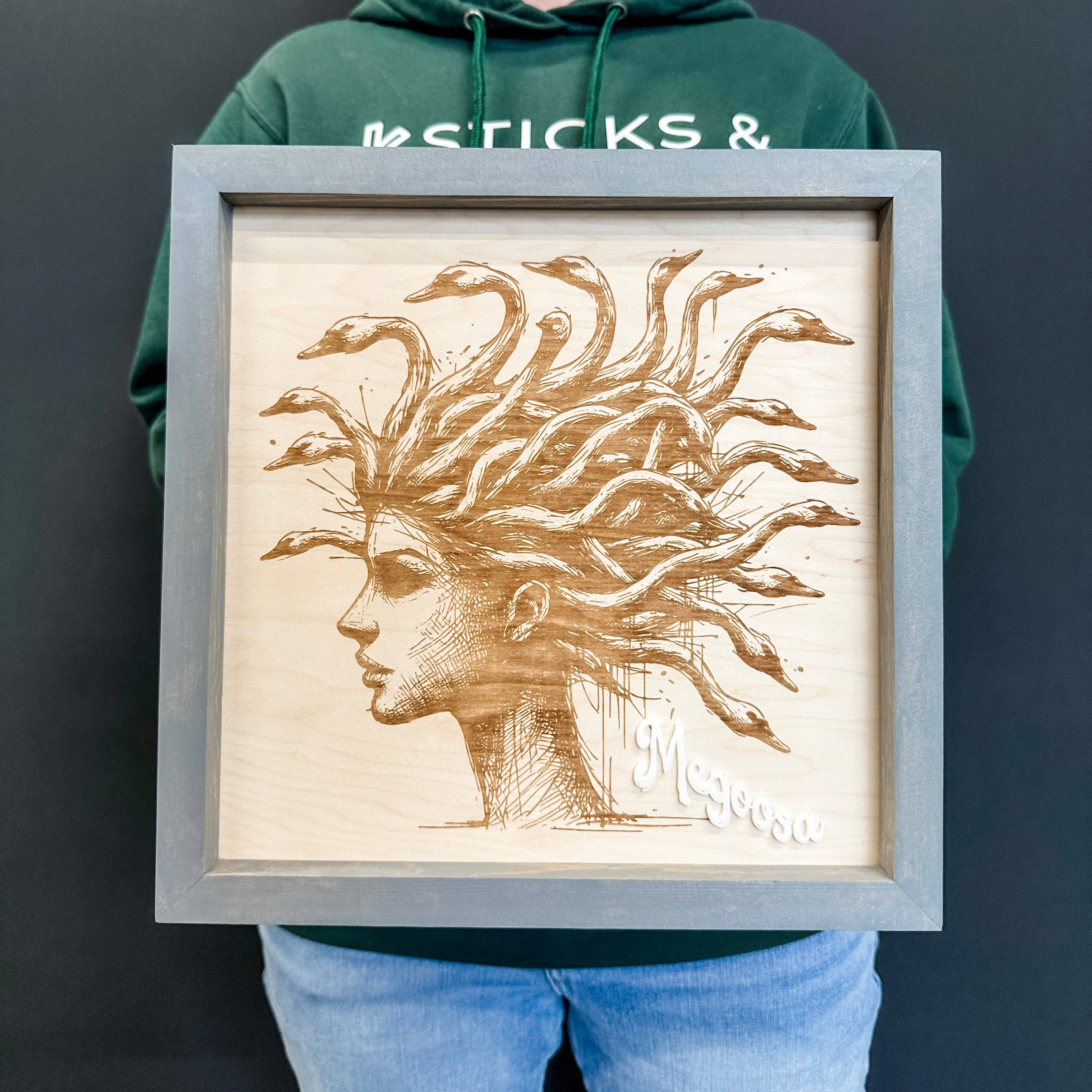 MEGOOSA • Engraved Wood Artwork • For Halloween & Prairie Pride